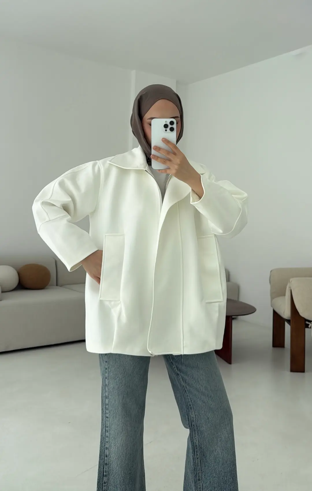 Fermuarlı Süet Ceket Beyaz - Görsel 6