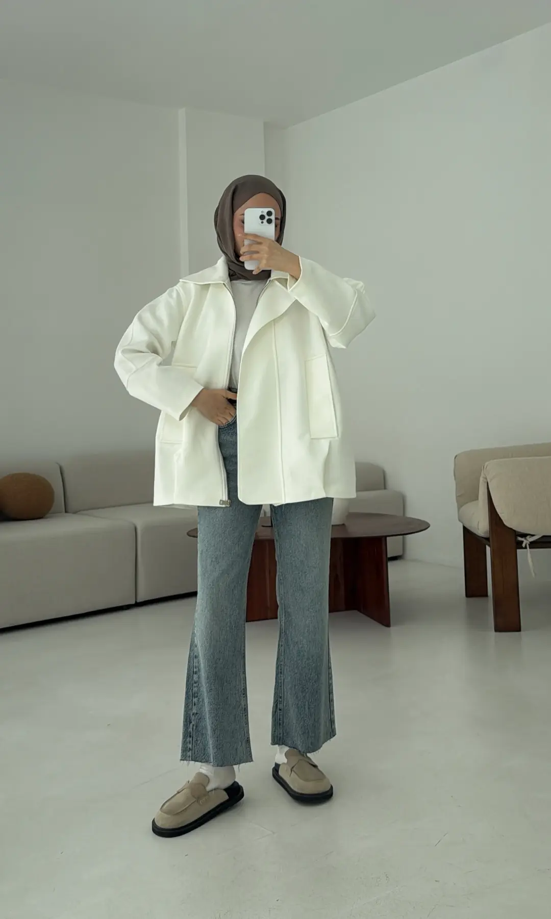 Fermuarlı Süet Ceket Beyaz - Görsel 7