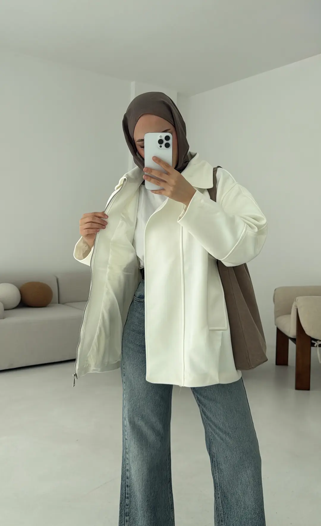 Fermuarlı Süet Ceket Beyaz - Görsel 8