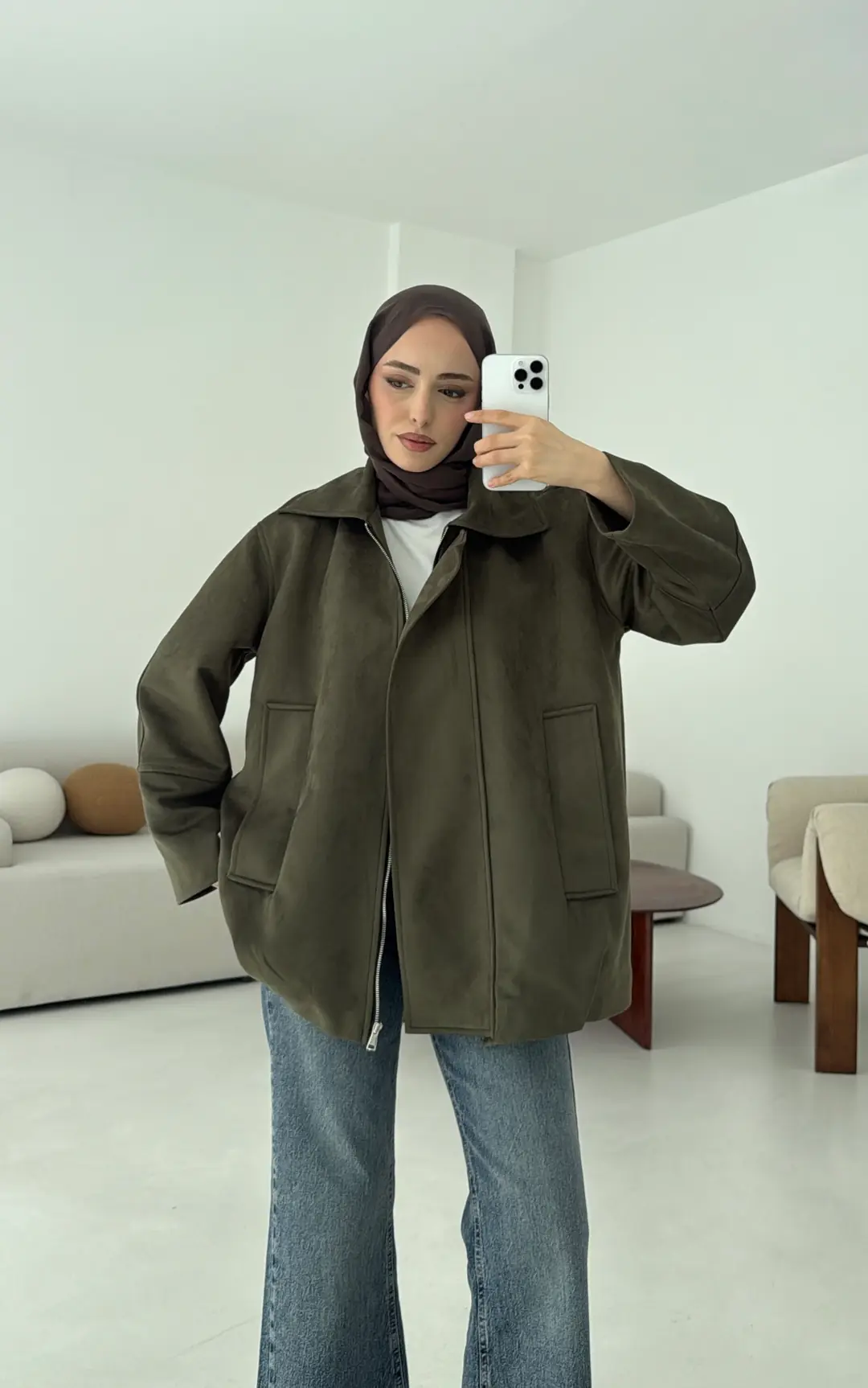 Fermuarlı Süet Ceket Haki - Görsel 2