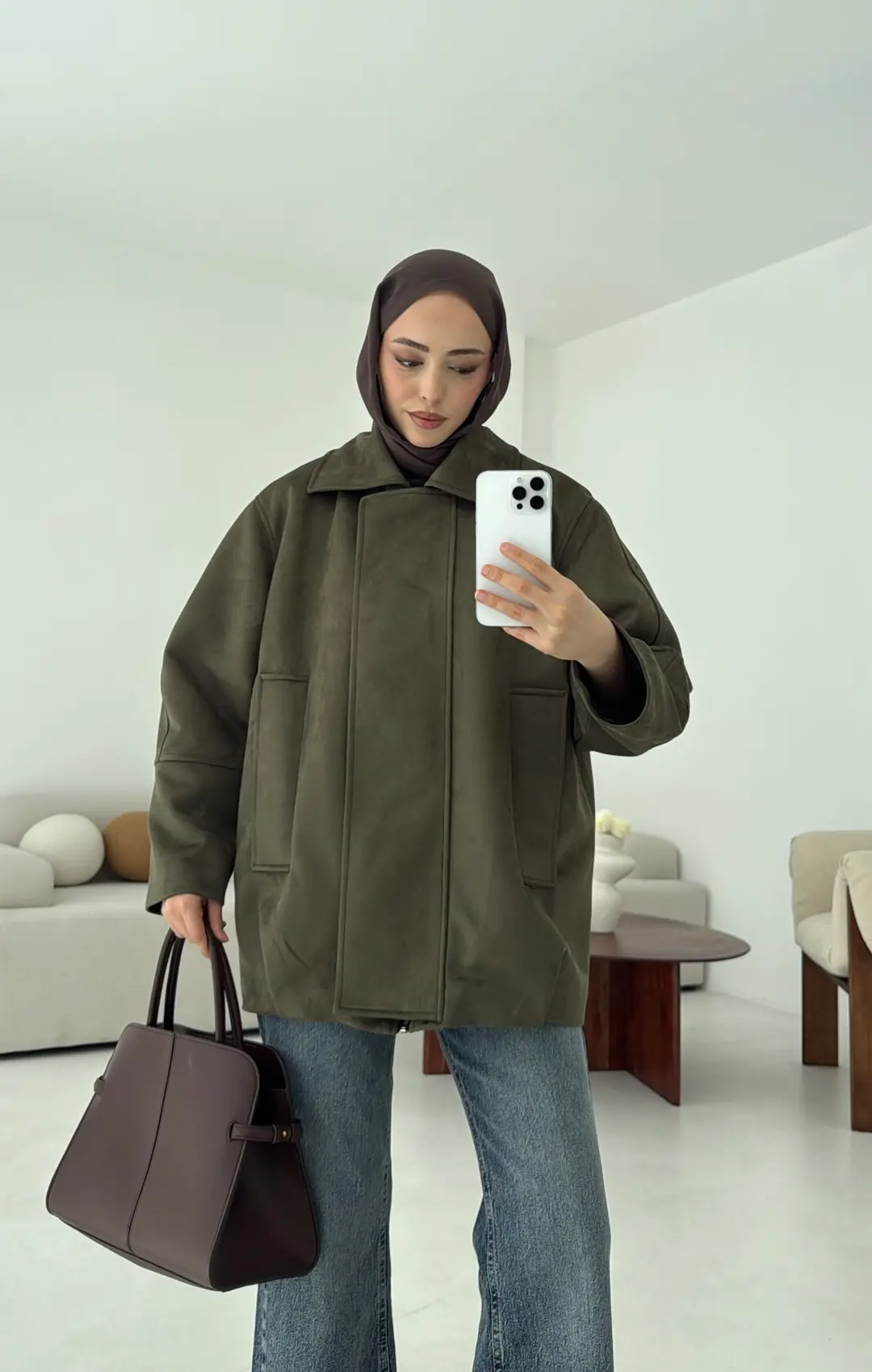 Fermuarlı Süet Ceket Haki - Görsel 3