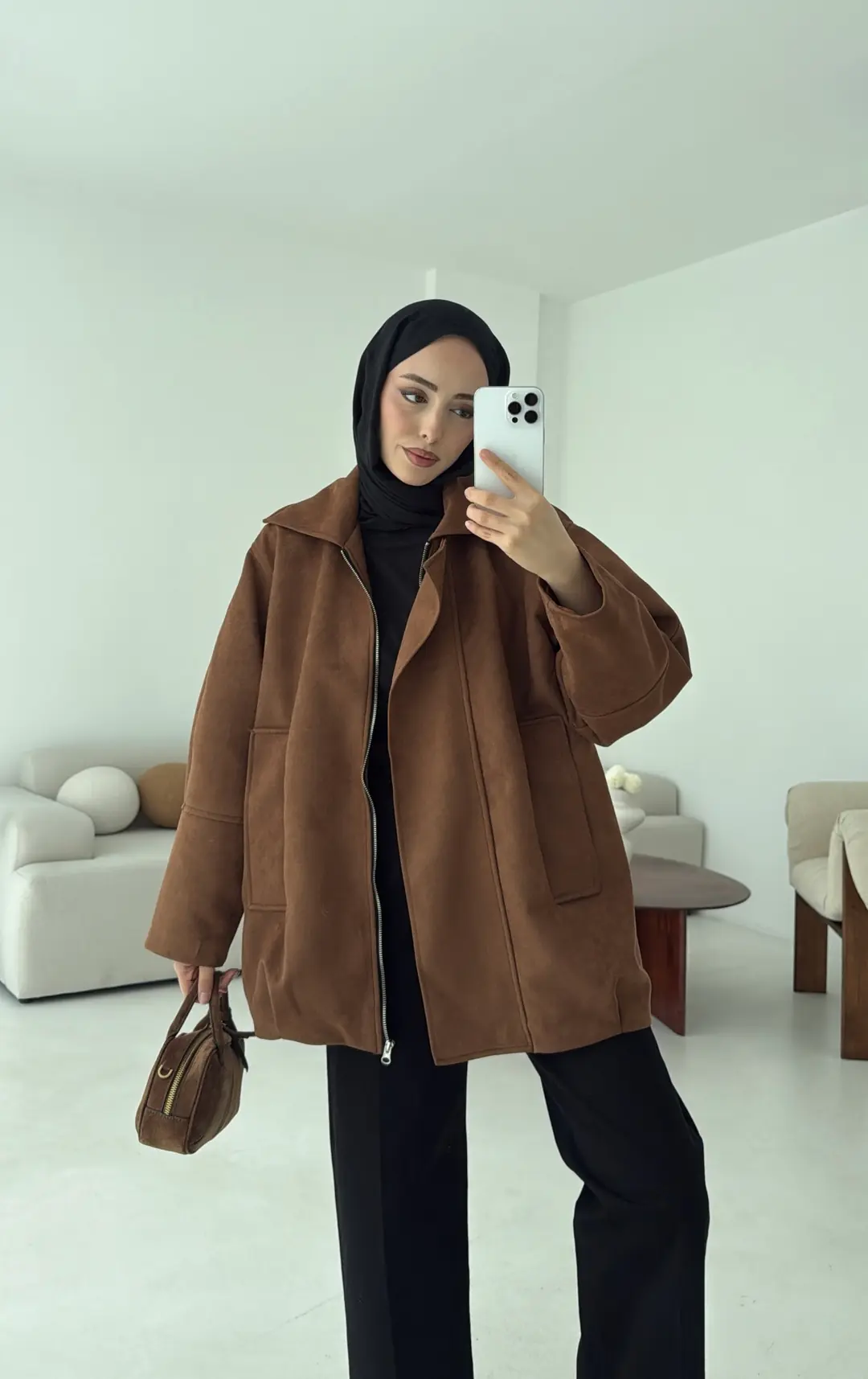 Fermuarlı Süet Ceket Taba