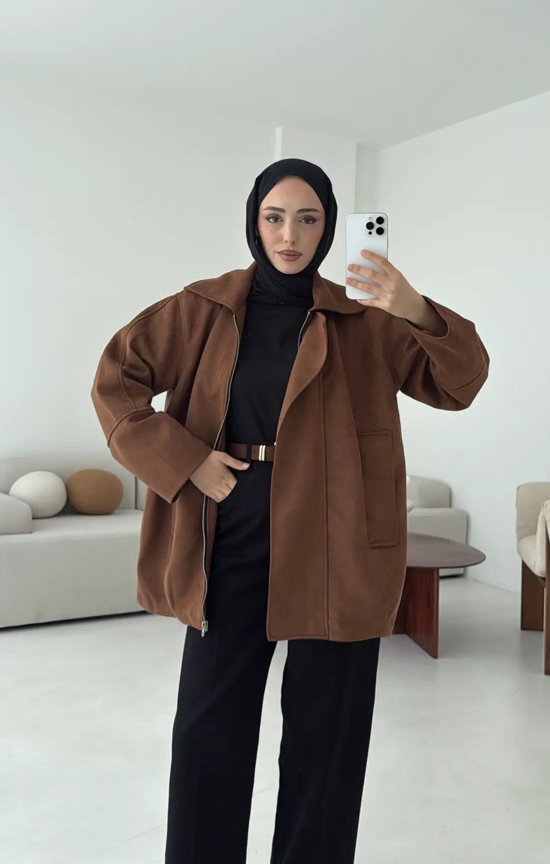 Fermuarlı Süet Ceket Taba - Görsel 4