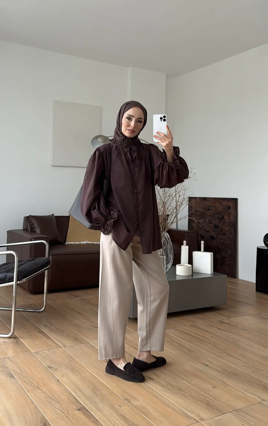 Fırfır Detaylı Vual Gömlek Kahve - Görsel 6