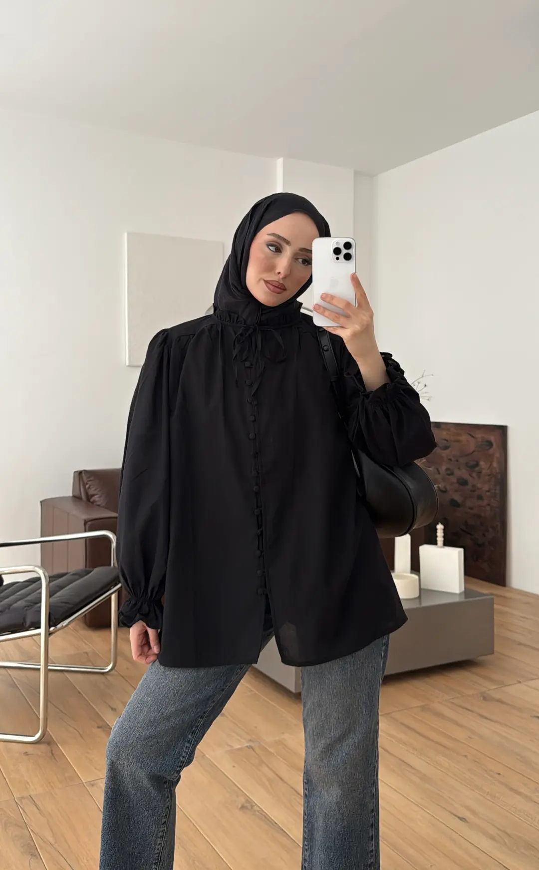 Fırfır Detaylı Vual Gömlek Siyah