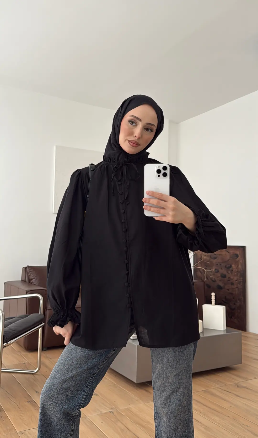 Fırfır Detaylı Vual Gömlek Siyah - Görsel 4