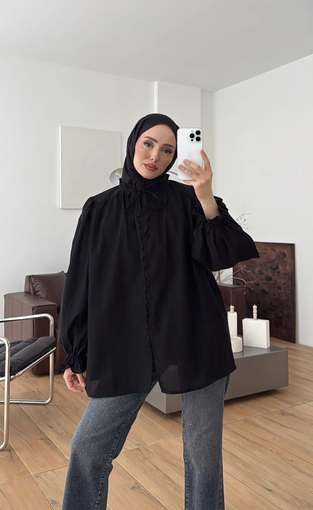 Fırfır Detaylı Vual Gömlek Siyah - Görsel 6