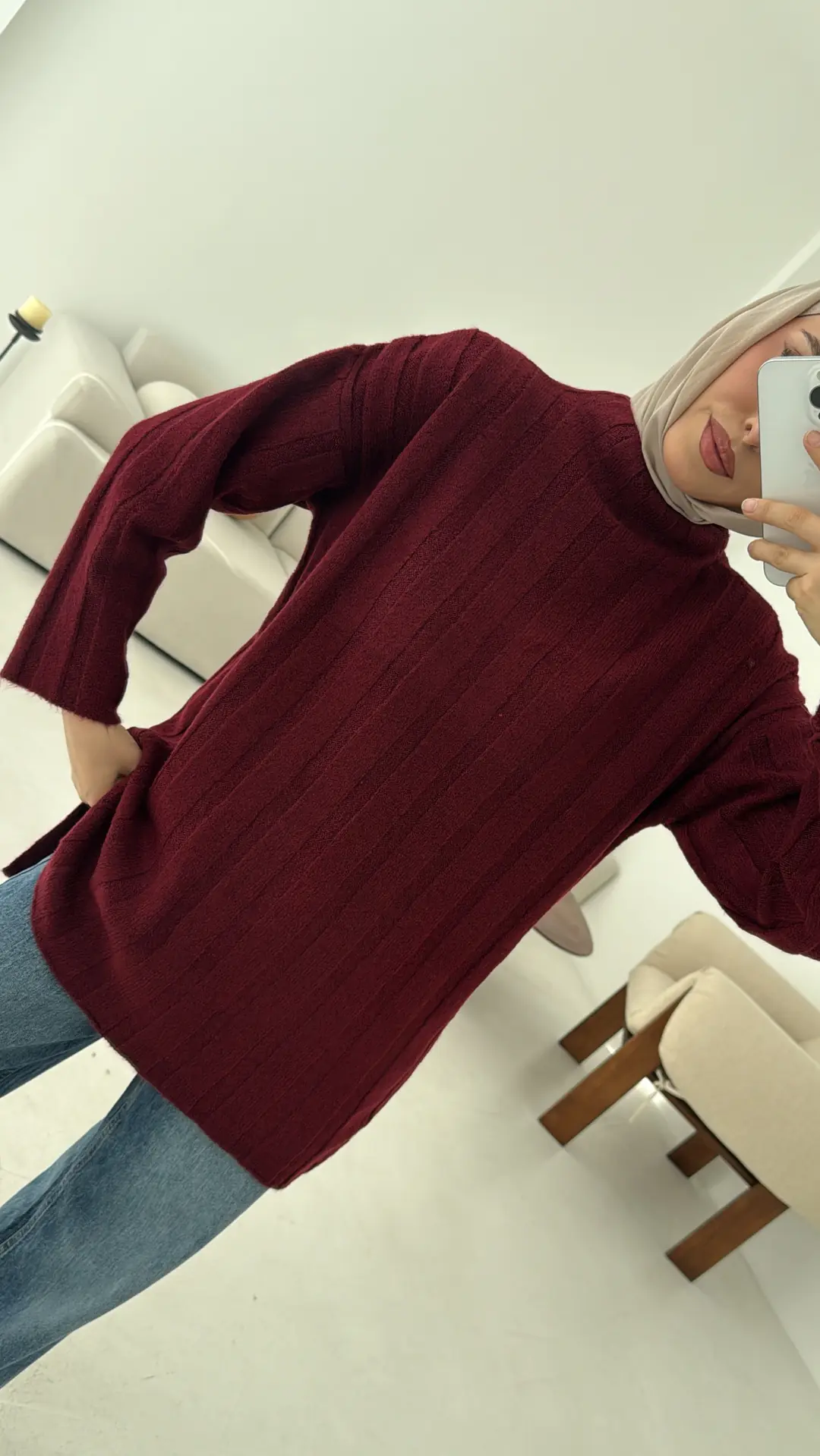 Fitilli Triko Kazak Bordo - Görsel 5