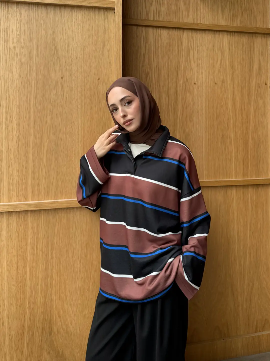 Fleece Polo Yaka Sweatshirt Kahve - Görsel 6