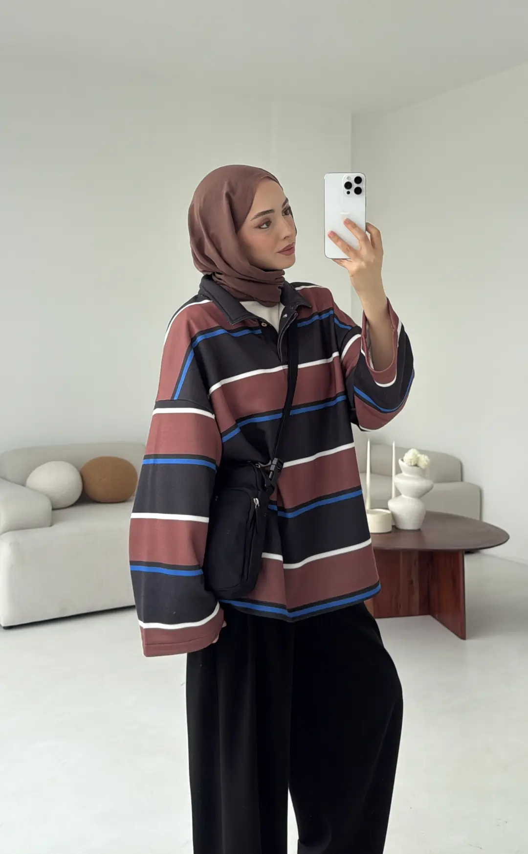 Fleece Polo Yaka Sweatshirt Kahve - Görsel 9