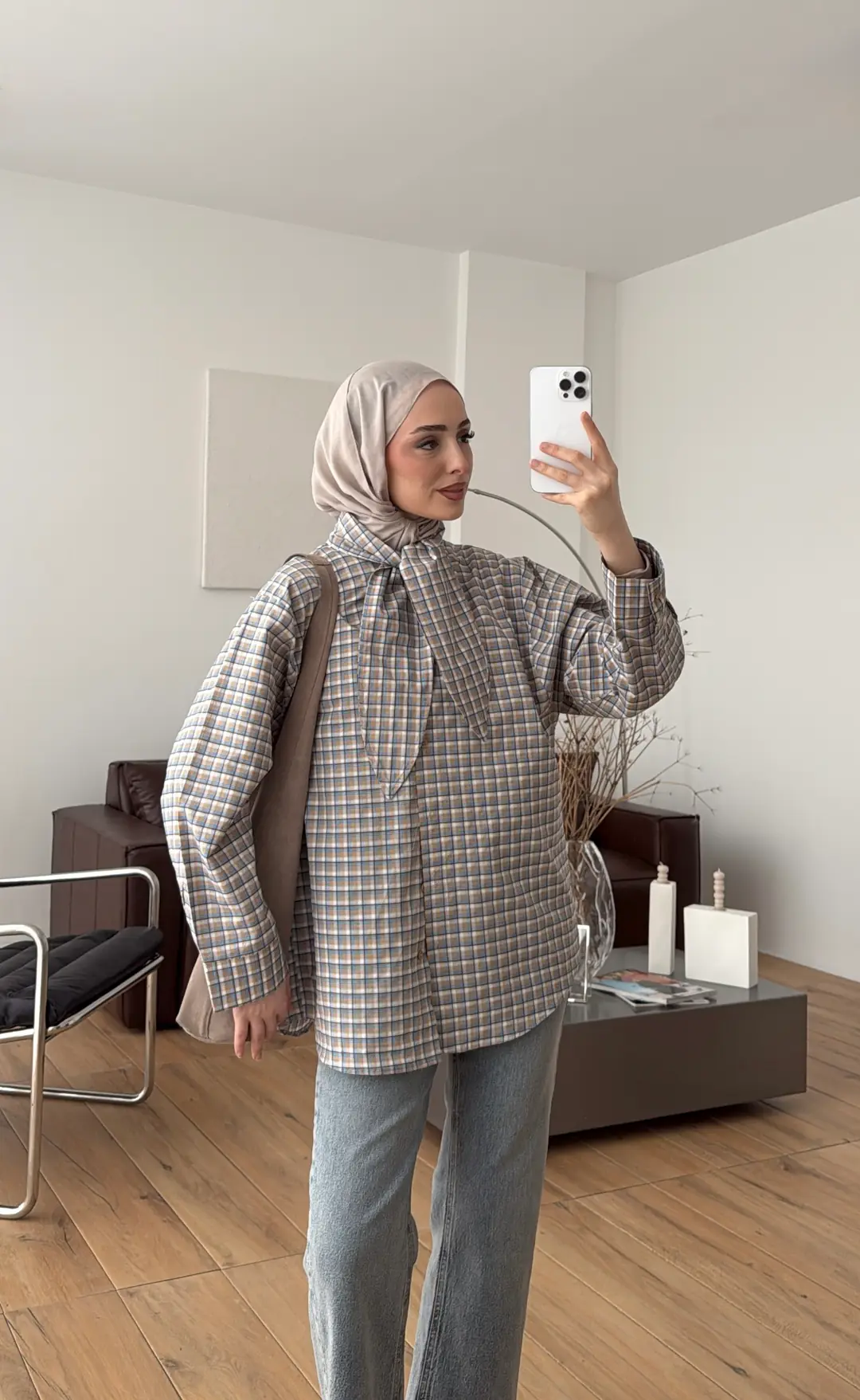 Fular Detay Ekose Gömlek Bej/Mavi