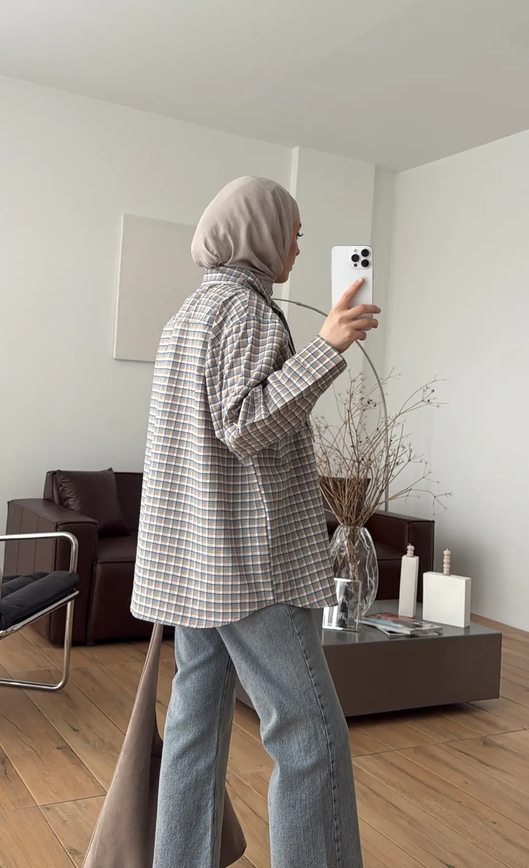 Fular Detay Ekose Gömlek Bej/Mavi - Görsel 2