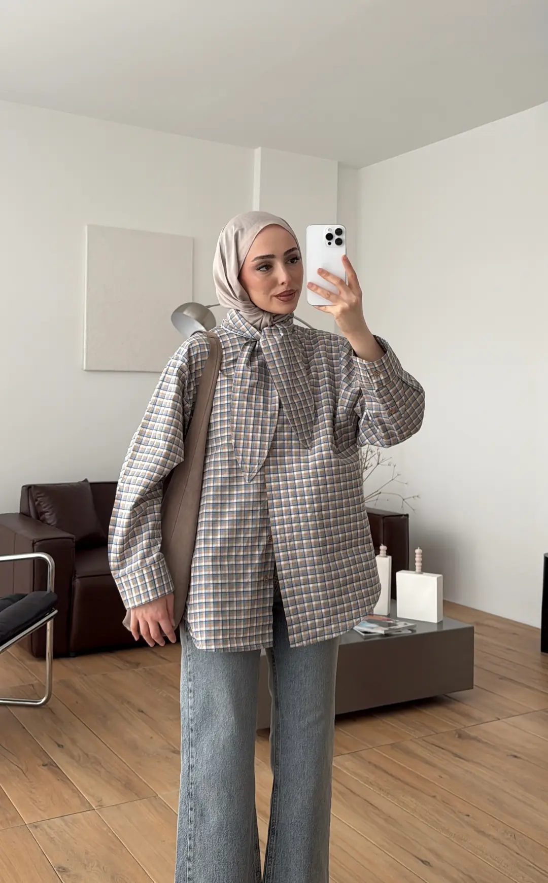 Fular Detay Ekose Gömlek Bej/Mavi - Görsel 3