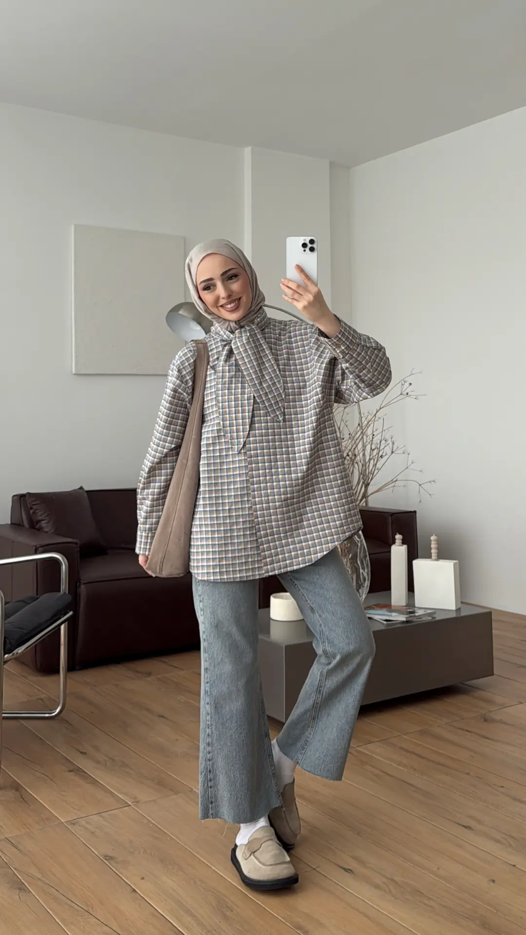 Fular Detay Ekose Gömlek Bej/Mavi - Görsel 4