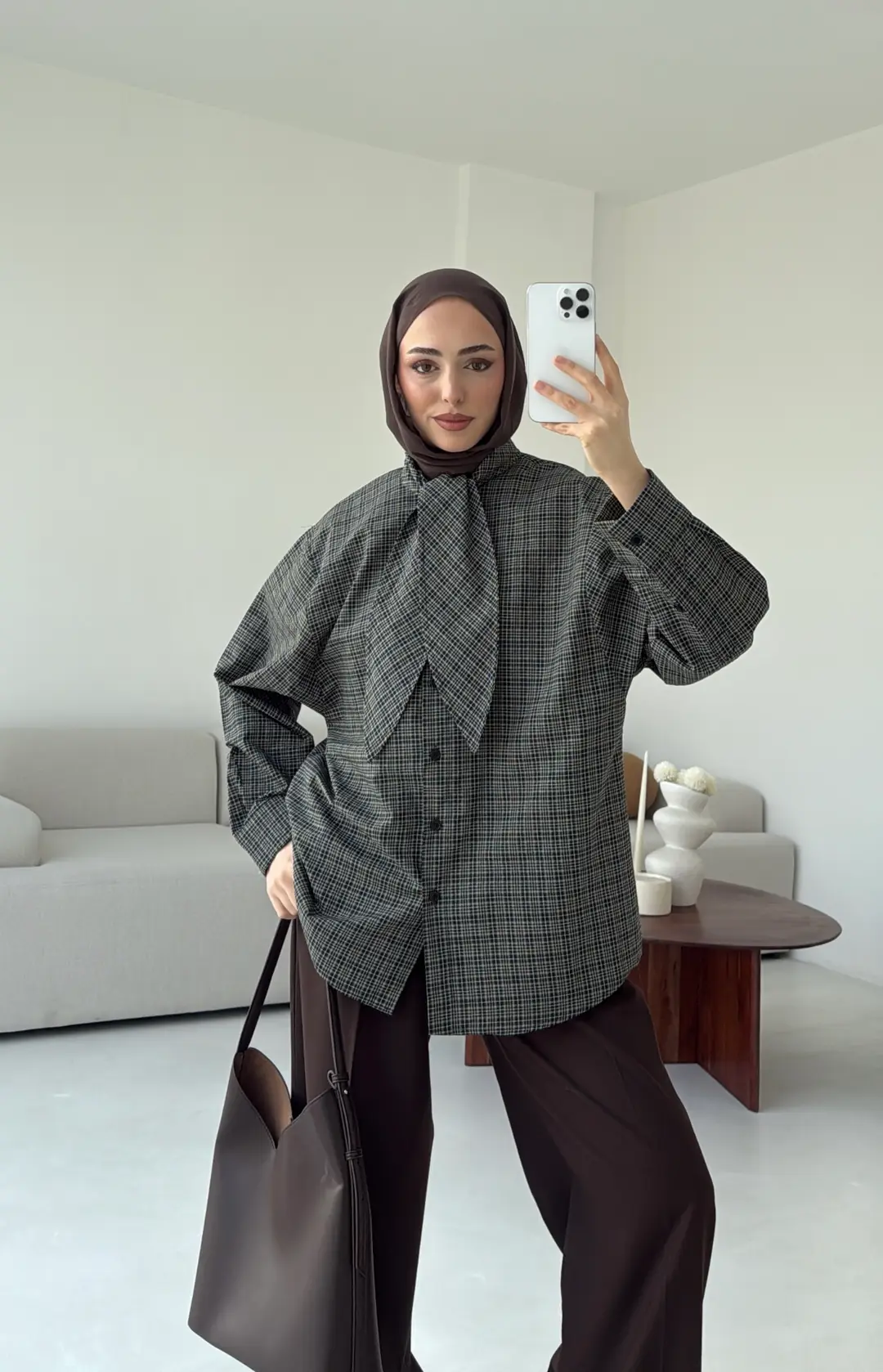 Fular Detay Ekose Gömlek Haki/Kahve - Görsel 3