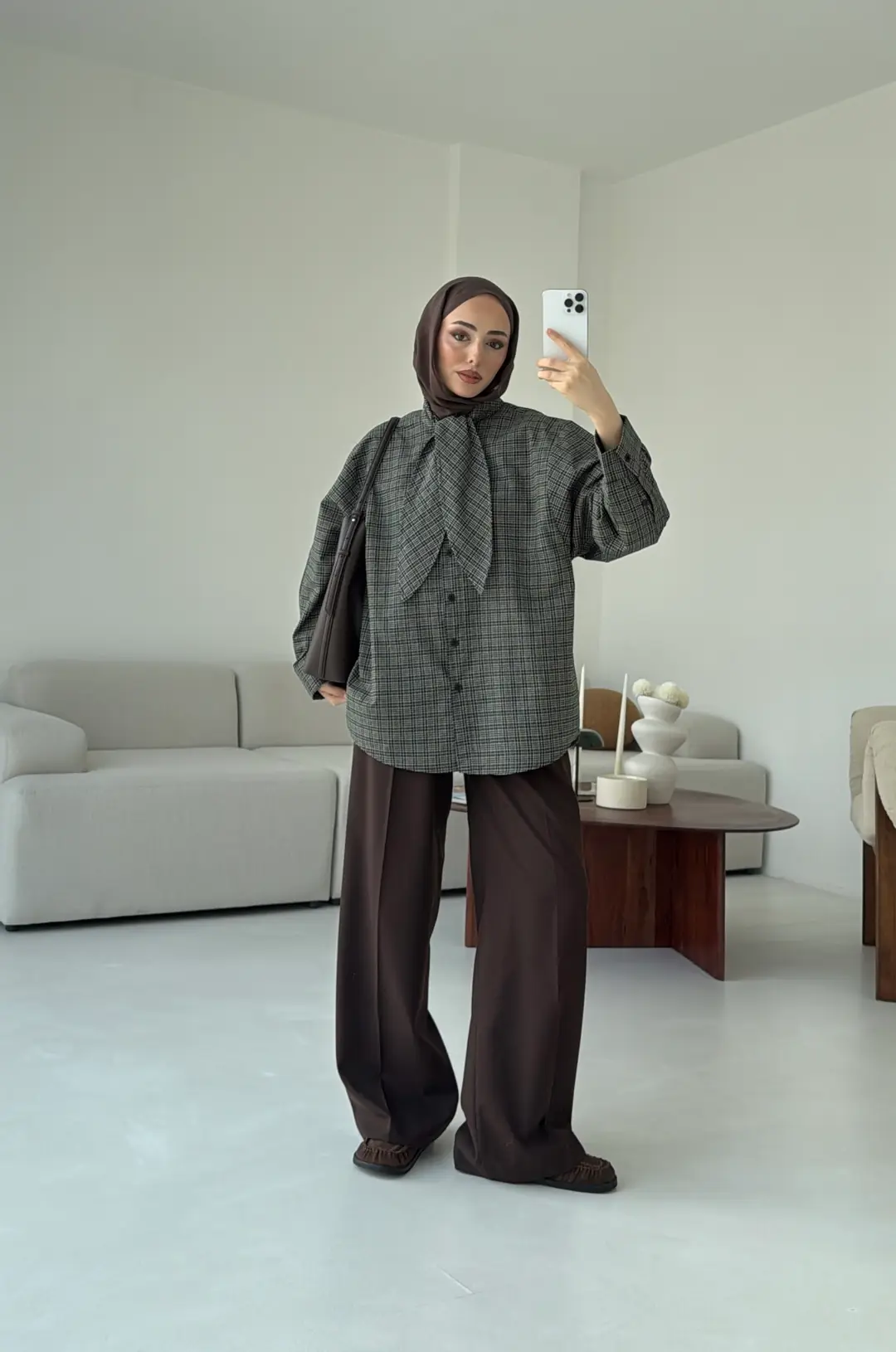 Fular Detay Ekose Gömlek Haki/Kahve - Görsel 5