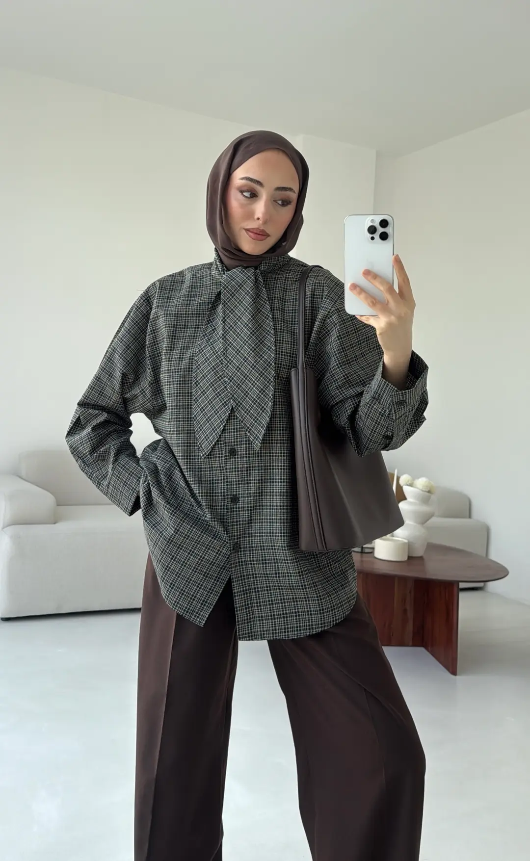 Fular Detay Ekose Gömlek Haki/Kahve - Görsel 6