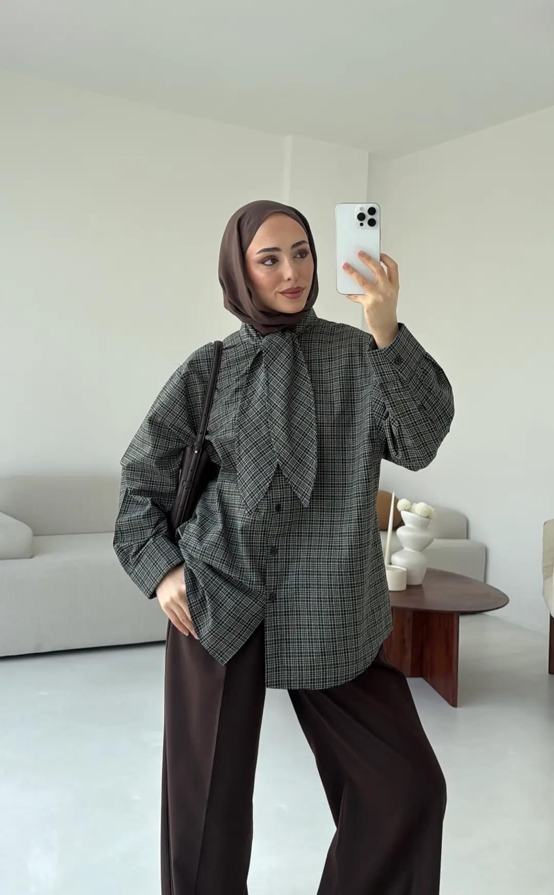 Fular Detay Ekose Gömlek Haki/Kahve - Görsel 7