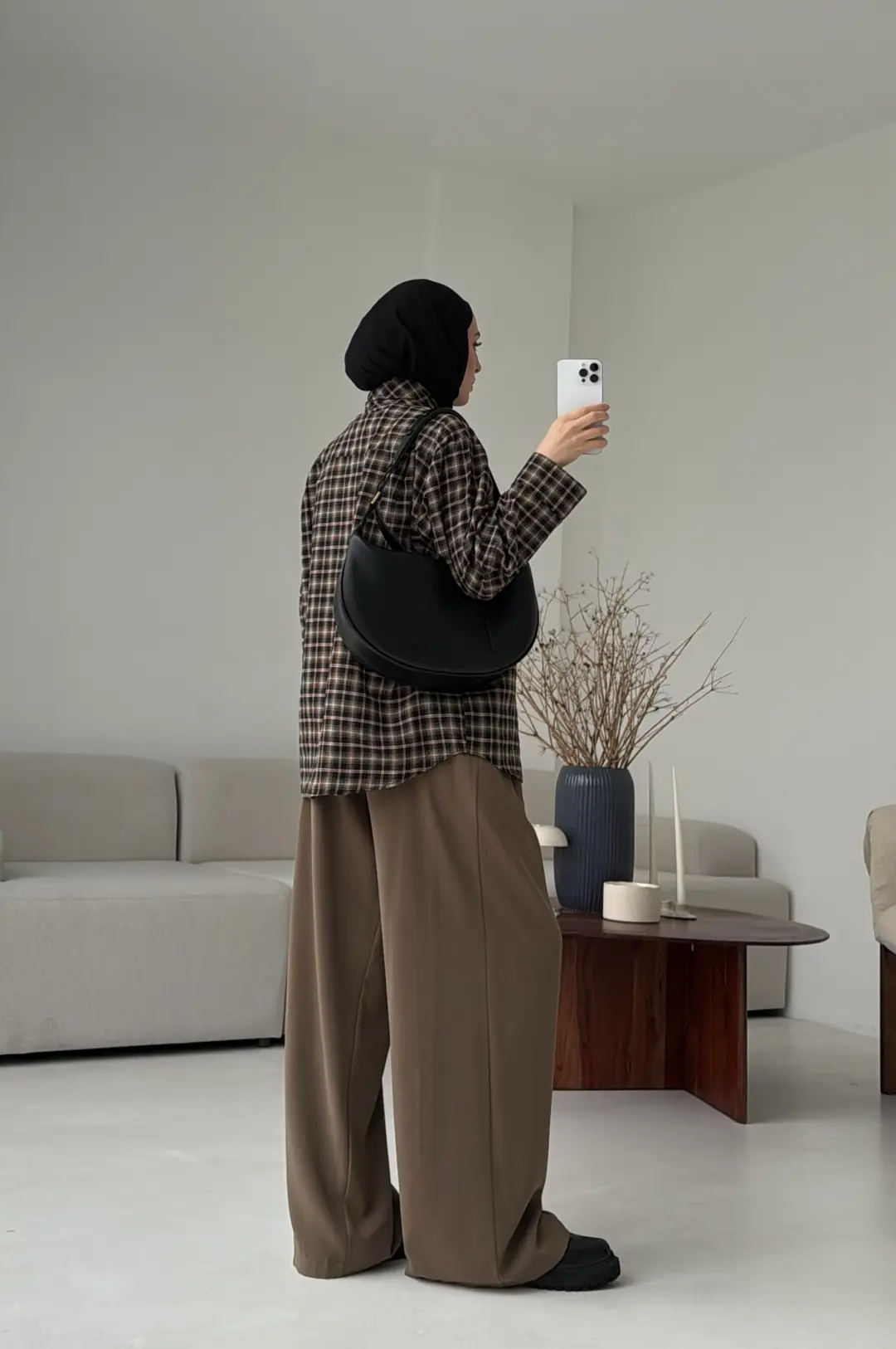 Fular Detay Ekose Gömlek Kahve/Siyah - Görsel 2