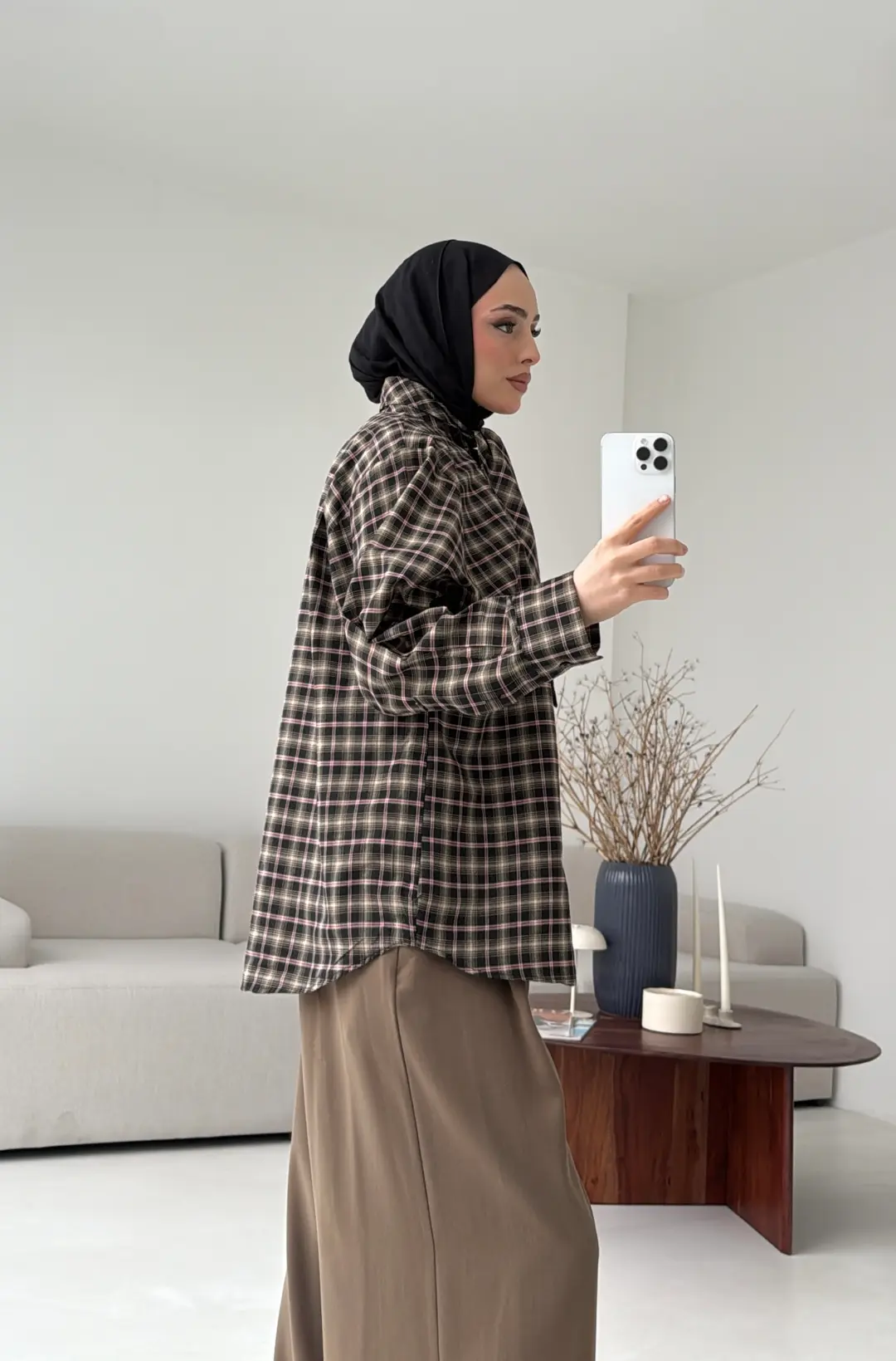 Fular Detay Ekose Gömlek Kahve/Siyah - Görsel 6