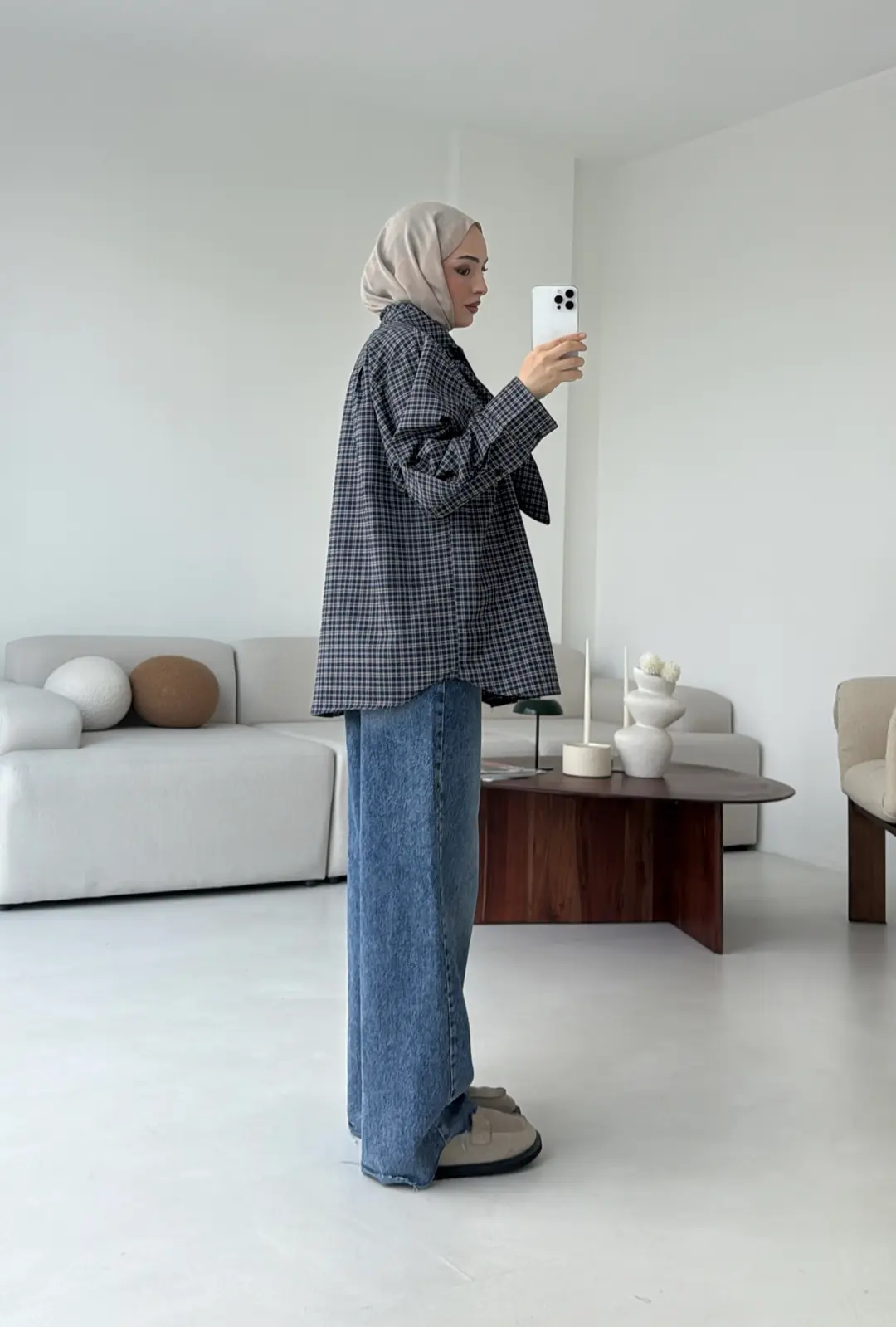 Fular Detay Ekose Gömlek Lacivert - Görsel 3