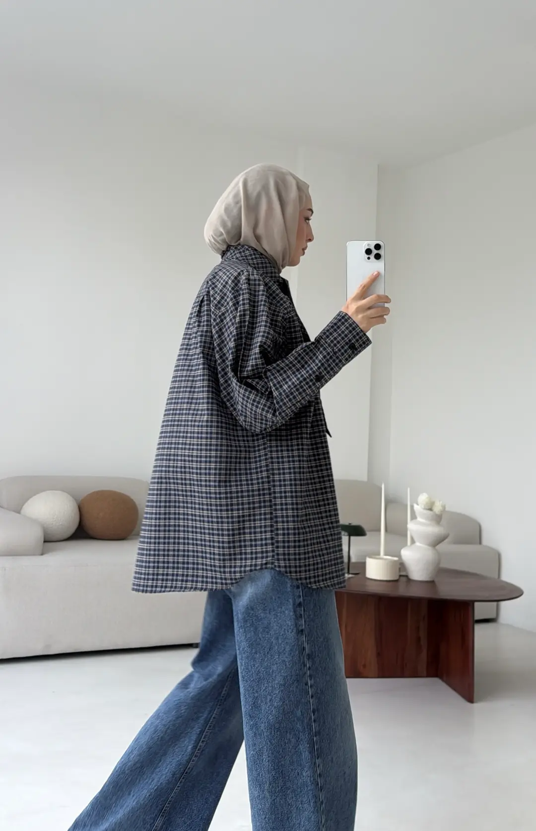 Fular Detay Ekose Gömlek Lacivert - Görsel 4