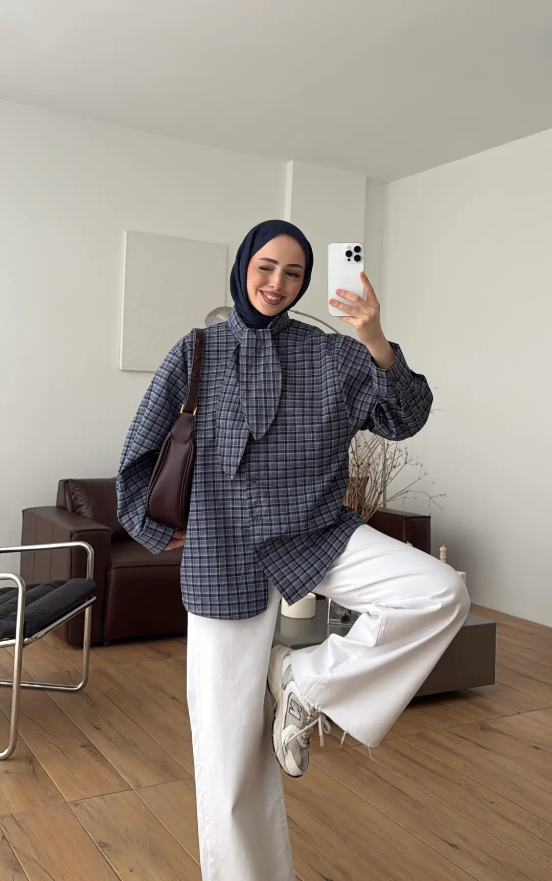 Fular Detay Ekose Gömlek Lacivert/Pembe - Görsel 3