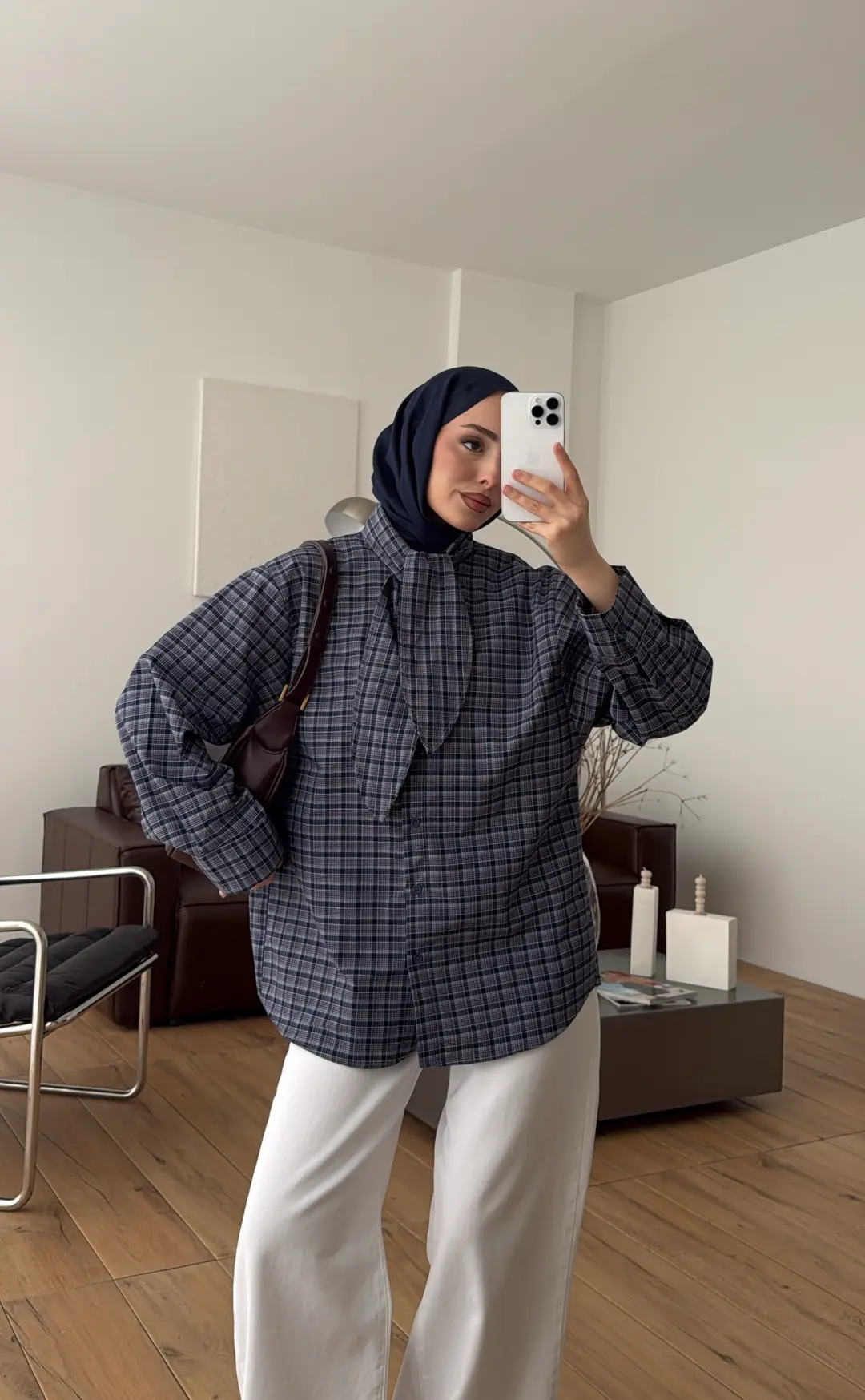 Fular Detay Ekose Gömlek Lacivert/Pembe - Görsel 4