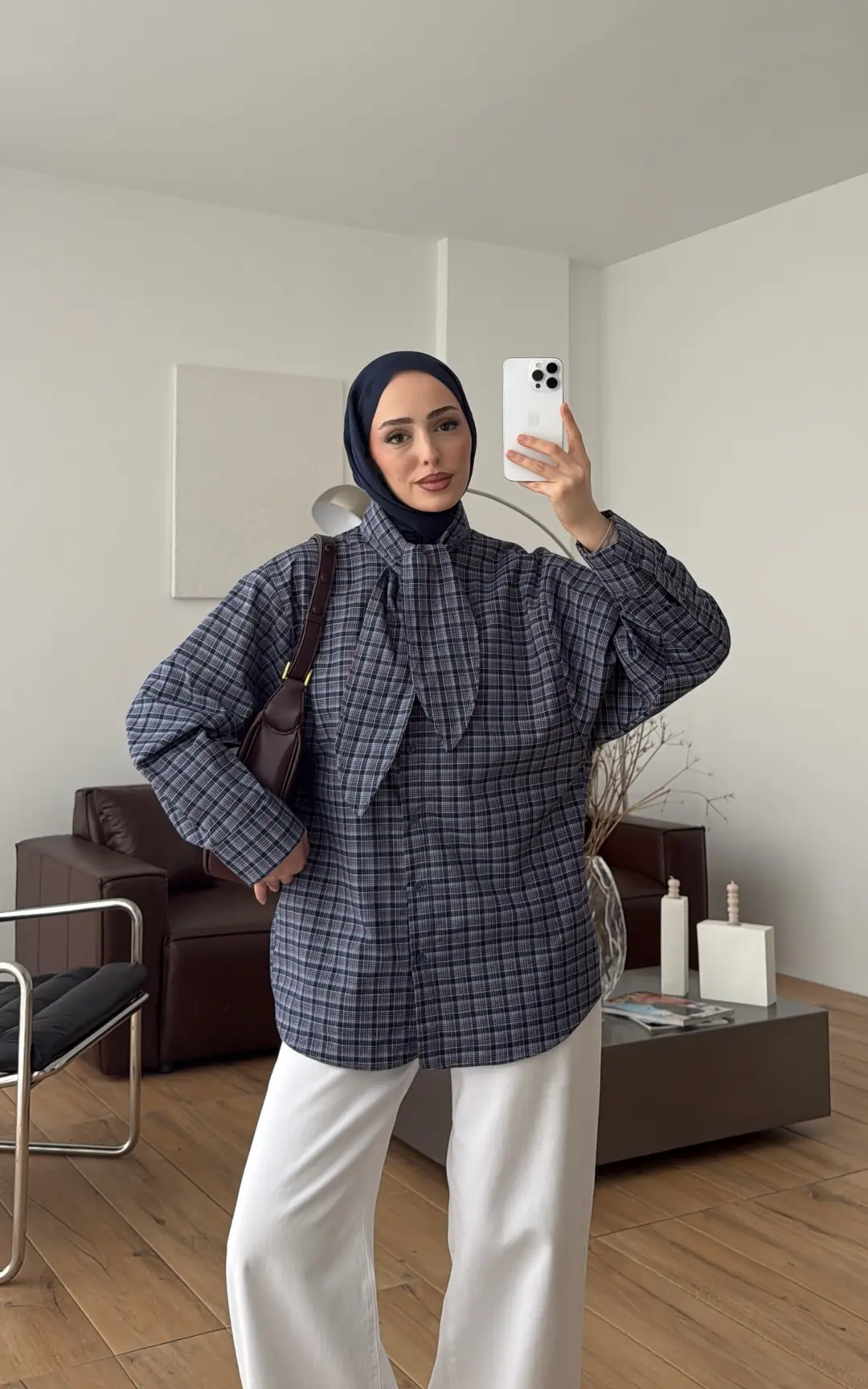 Fular Detay Ekose Gömlek Lacivert/Pembe - Görsel 6