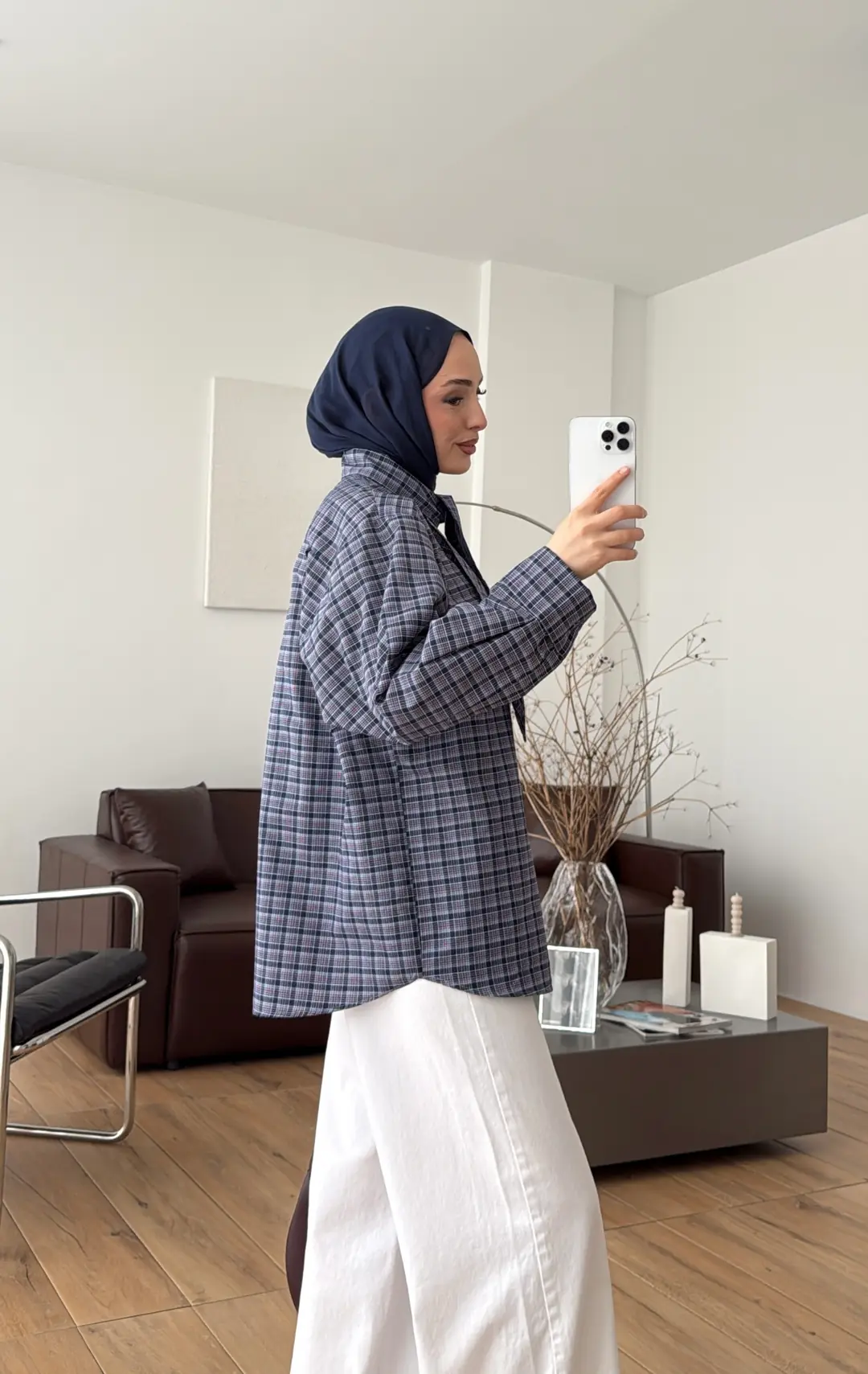 Fular Detay Ekose Gömlek Lacivert/Pembe - Görsel 7