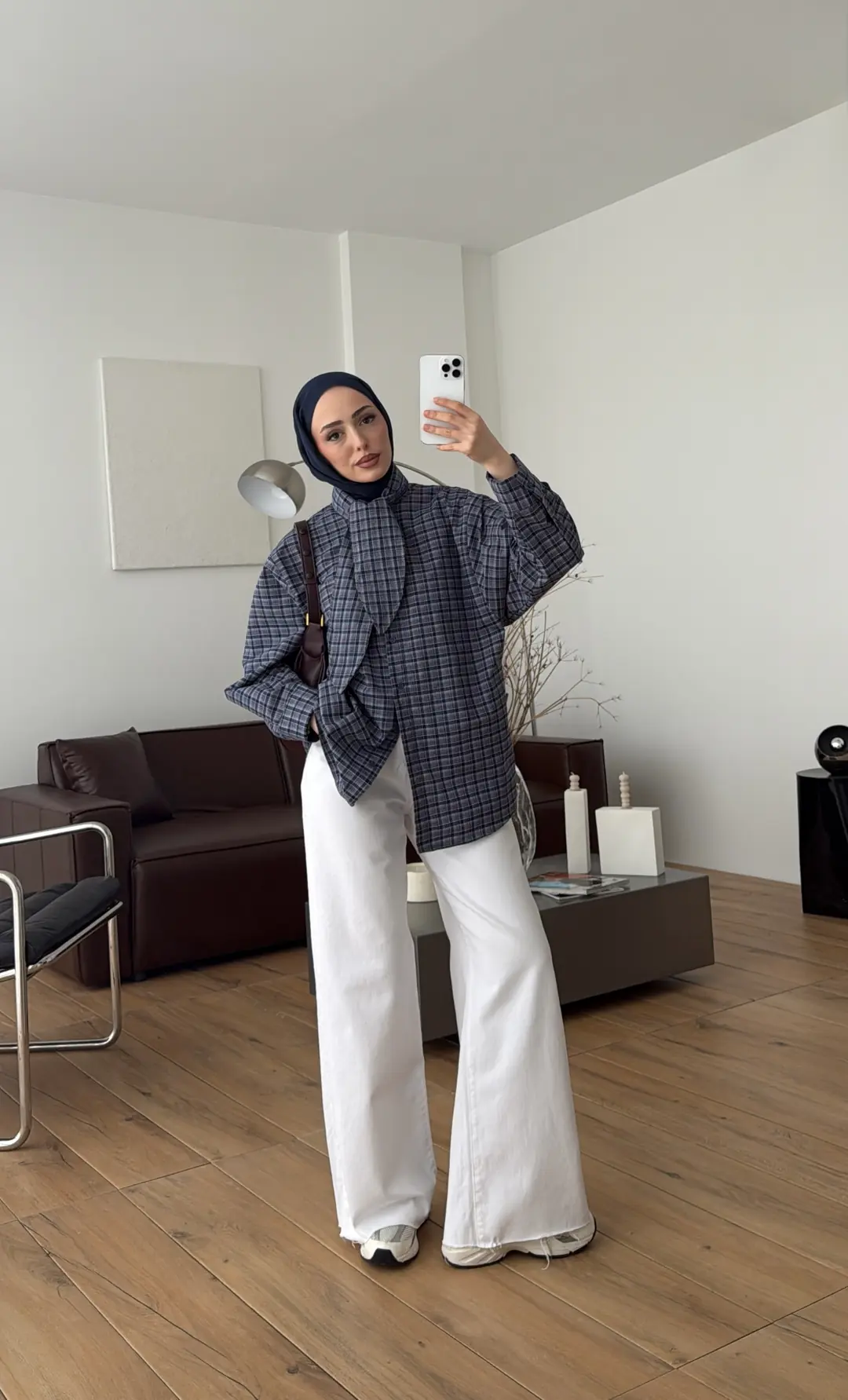 Fular Detay Ekose Gömlek Lacivert/Pembe - Görsel 8