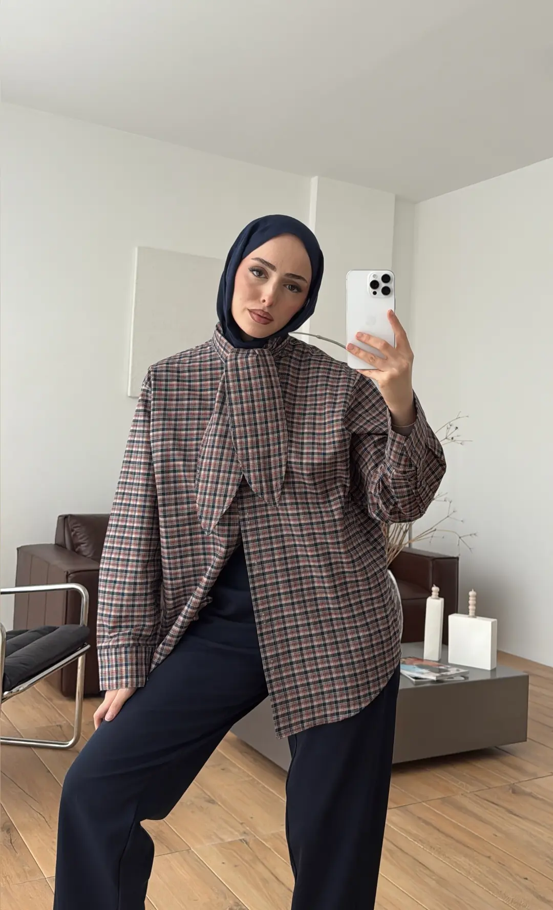 Fular Detay Ekose Gömlek Lacivert/Kiremit