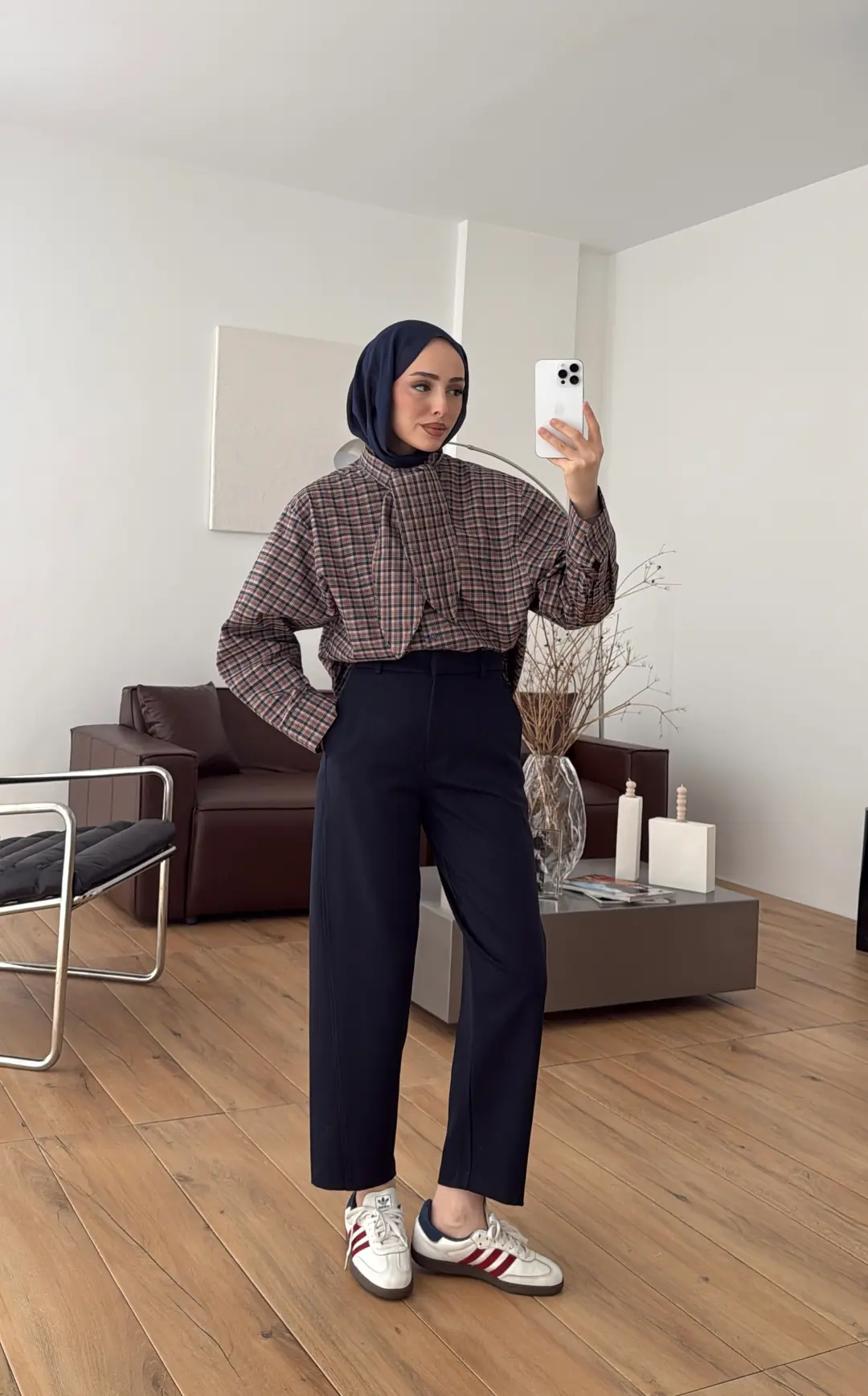 Fular Detay Ekose Gömlek Lacivert/Kiremit - Görsel 2