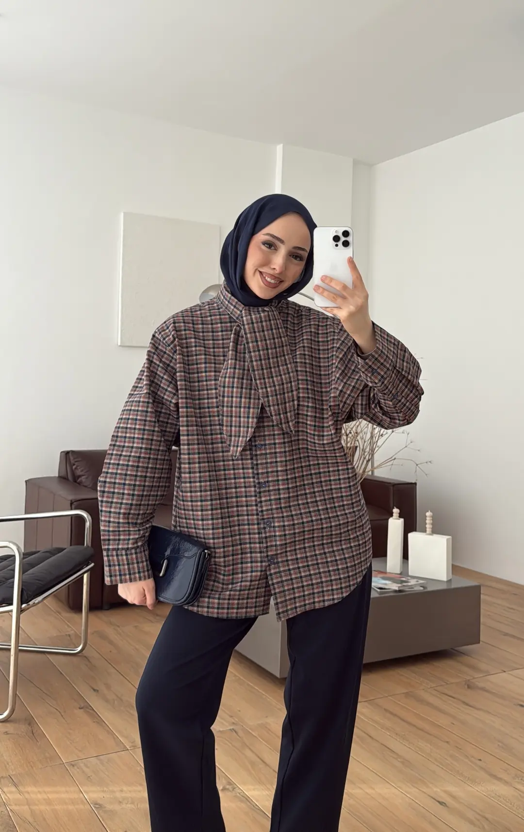 Fular Detay Ekose Gömlek Lacivert/Kiremit - Görsel 3