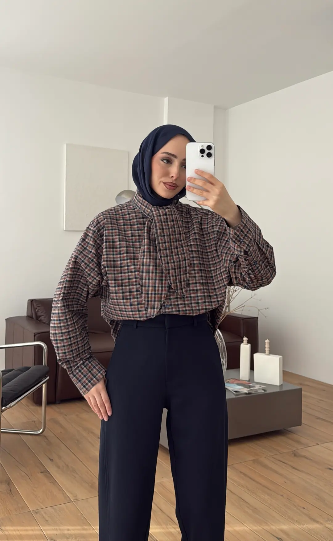 Fular Detay Ekose Gömlek Lacivert/Kiremit - Görsel 4