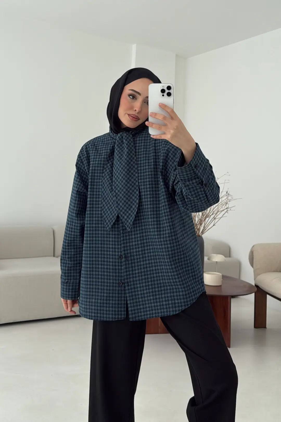 Fular Detay Ekose Gömlek Mavi - Görsel 5