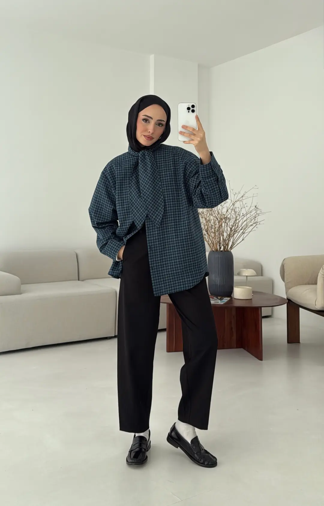 Fular Detay Ekose Gömlek Mavi - Görsel 7