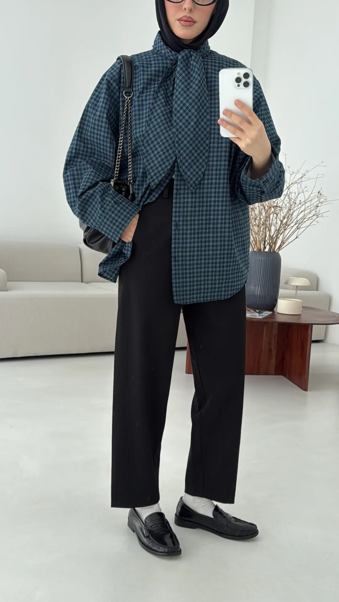 Fular Detay Ekose Gömlek Mavi - Görsel 8