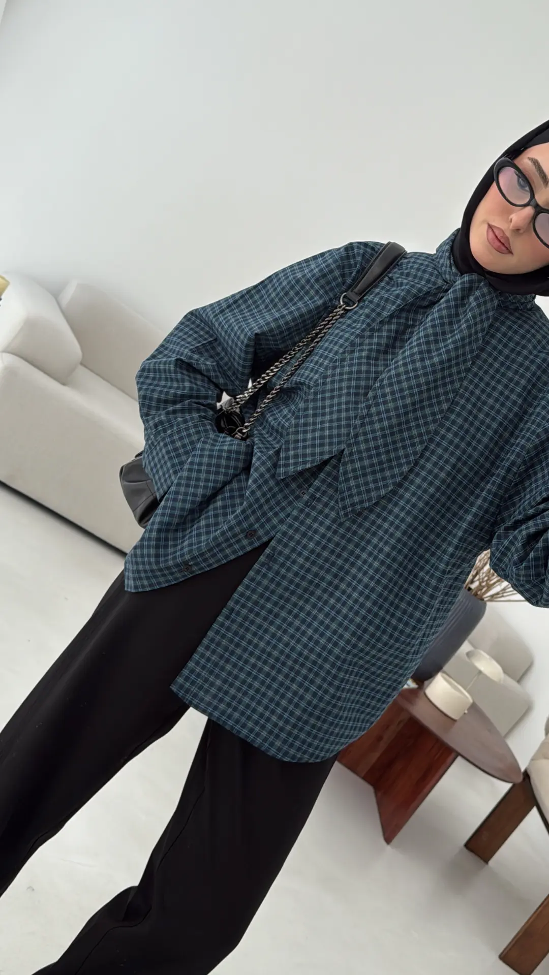 Fular Detay Ekose Gömlek Mavi - Görsel 2