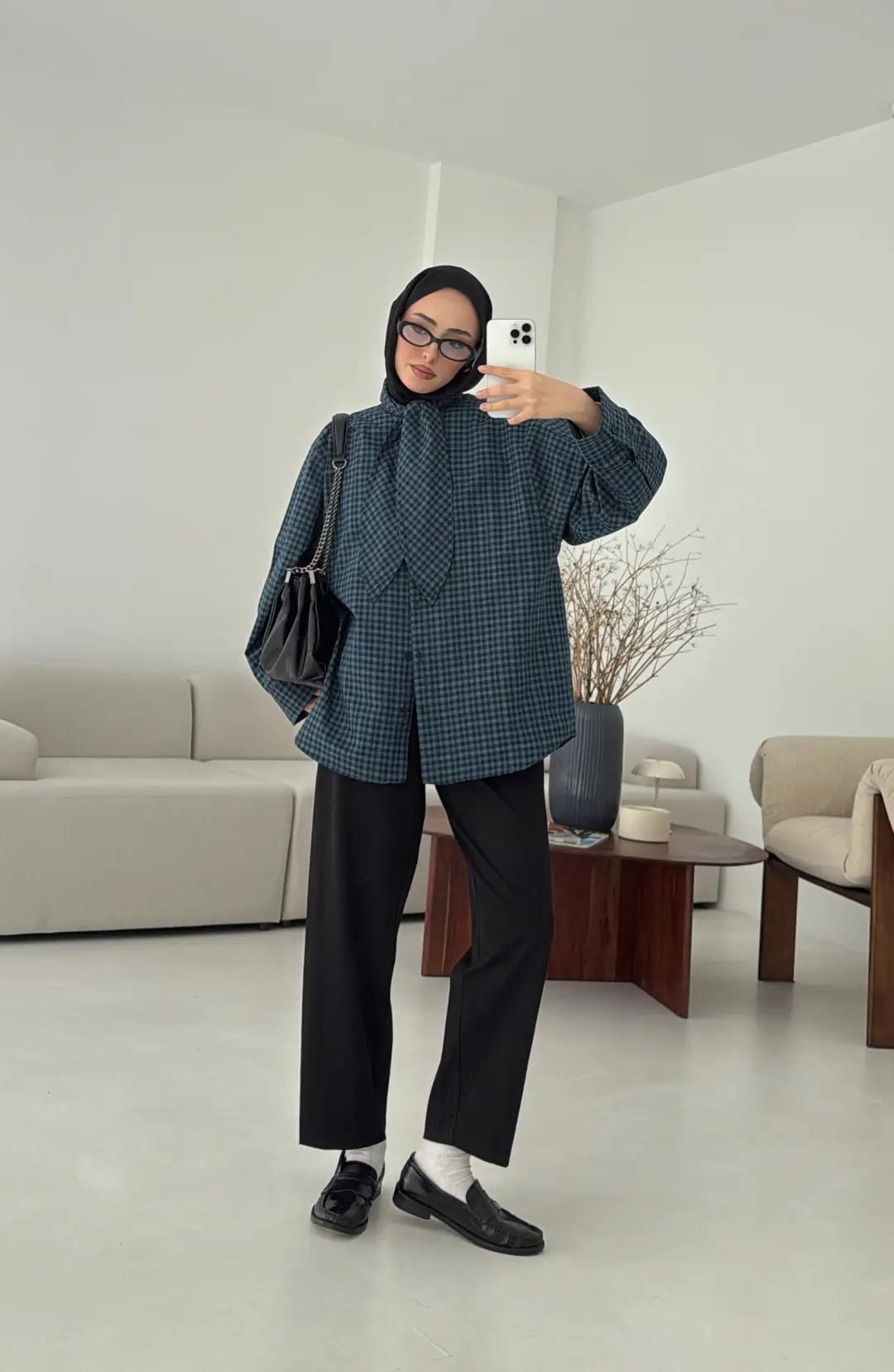 Fular Detay Ekose Gömlek Mavi - Görsel 4