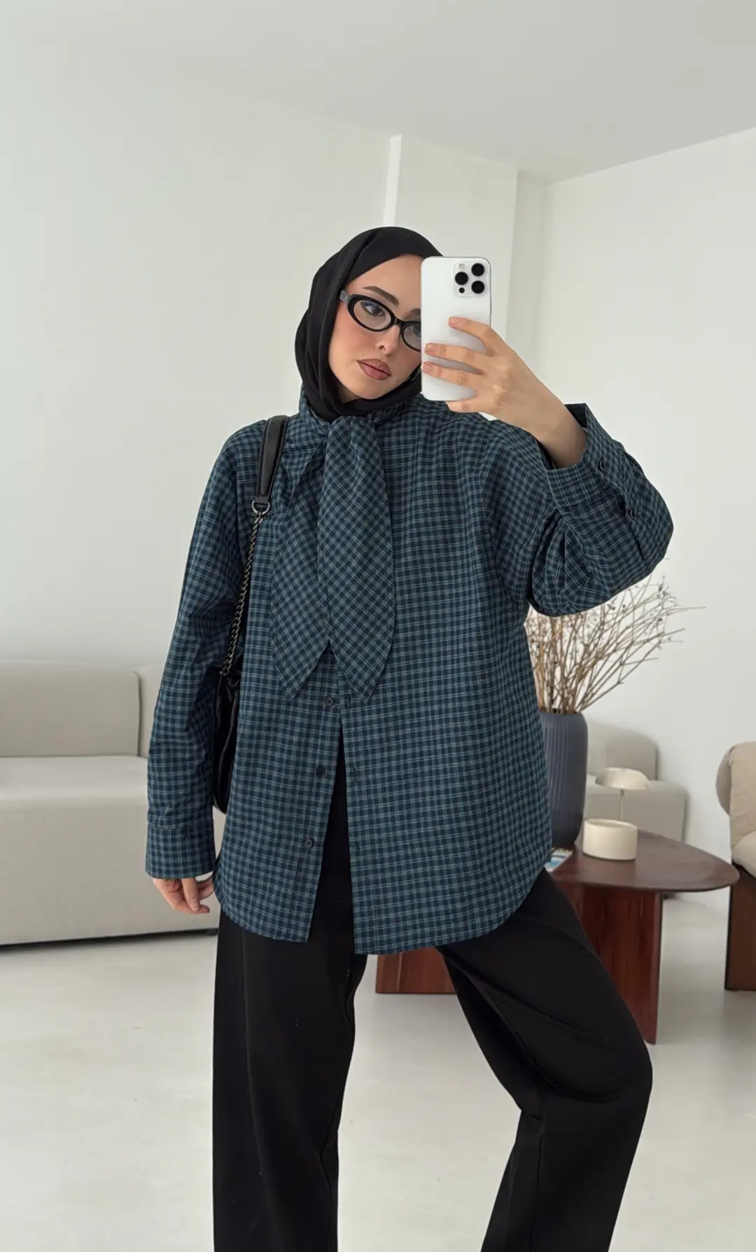 Fular Detay Ekose Gömlek Mavi - Görsel 5