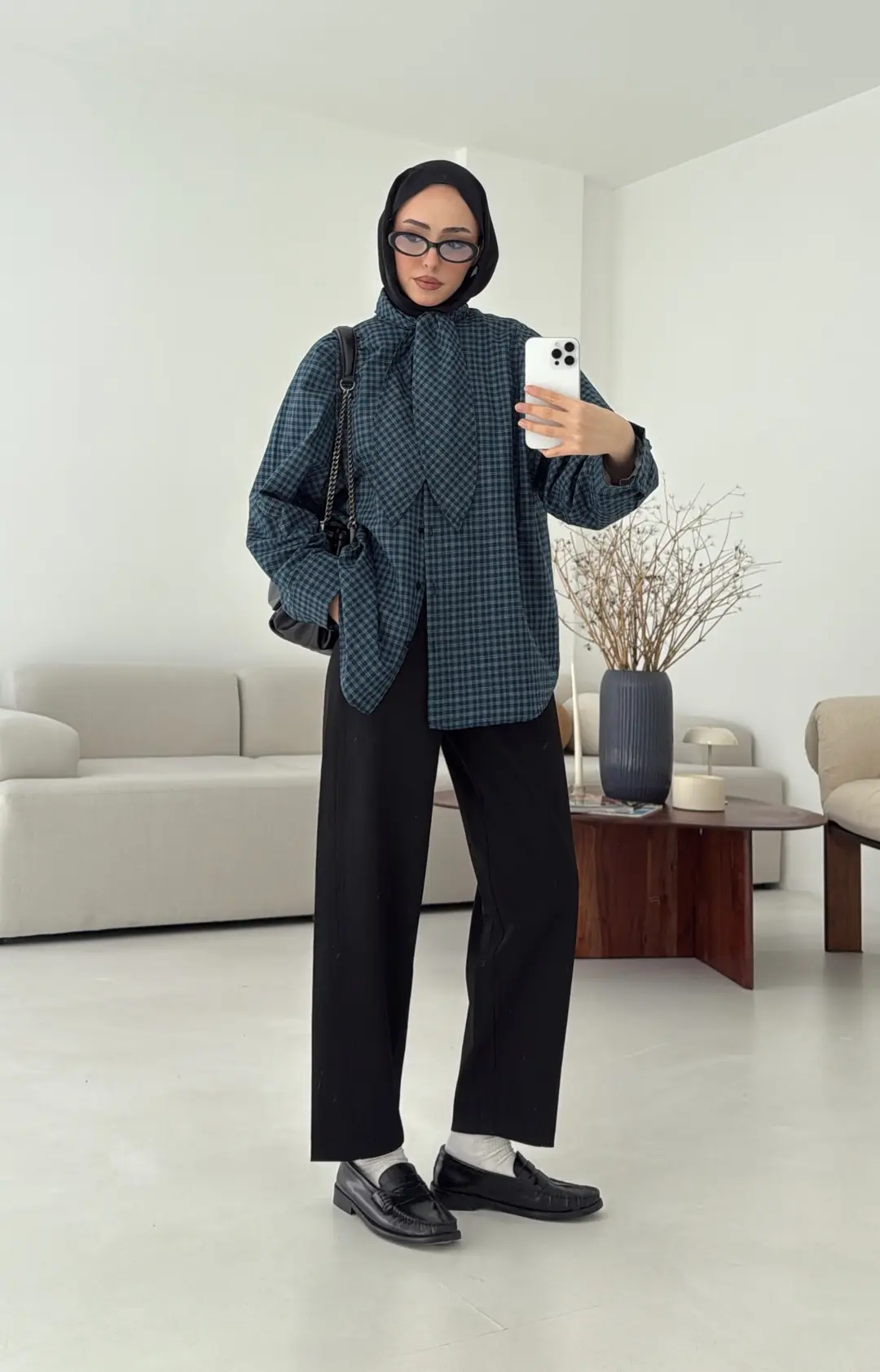 Fular Detay Ekose Gömlek Mavi - Görsel 9