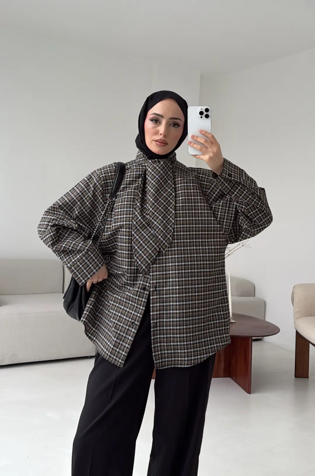 Fular Detay Ekose Gömlek Siyah/Vizon