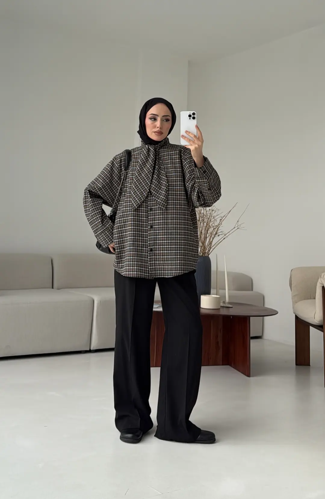 Fular Detay Ekose Gömlek Siyah/Vizon - Görsel 3