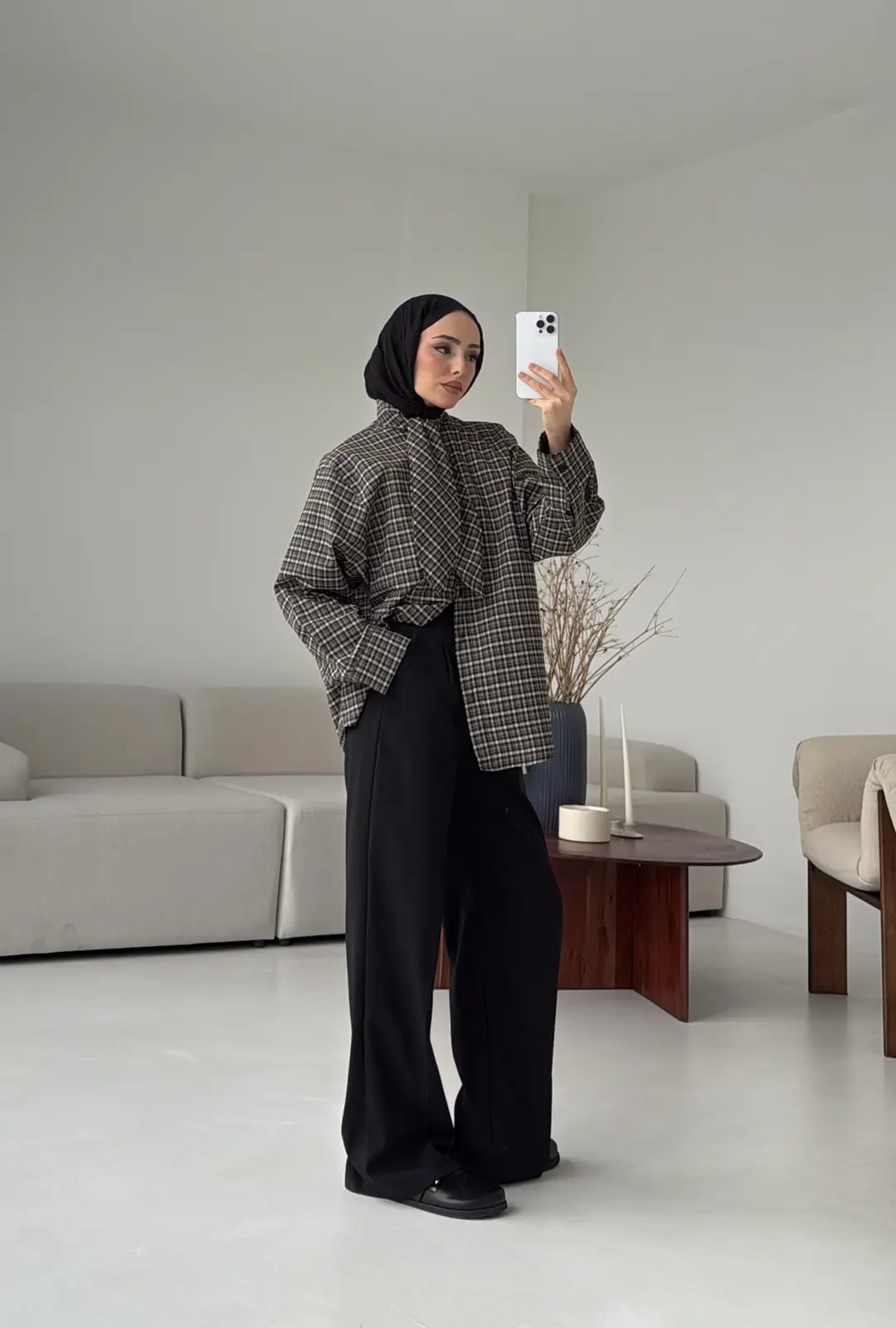 Fular Detay Ekose Gömlek Siyah/Vizon - Görsel 4