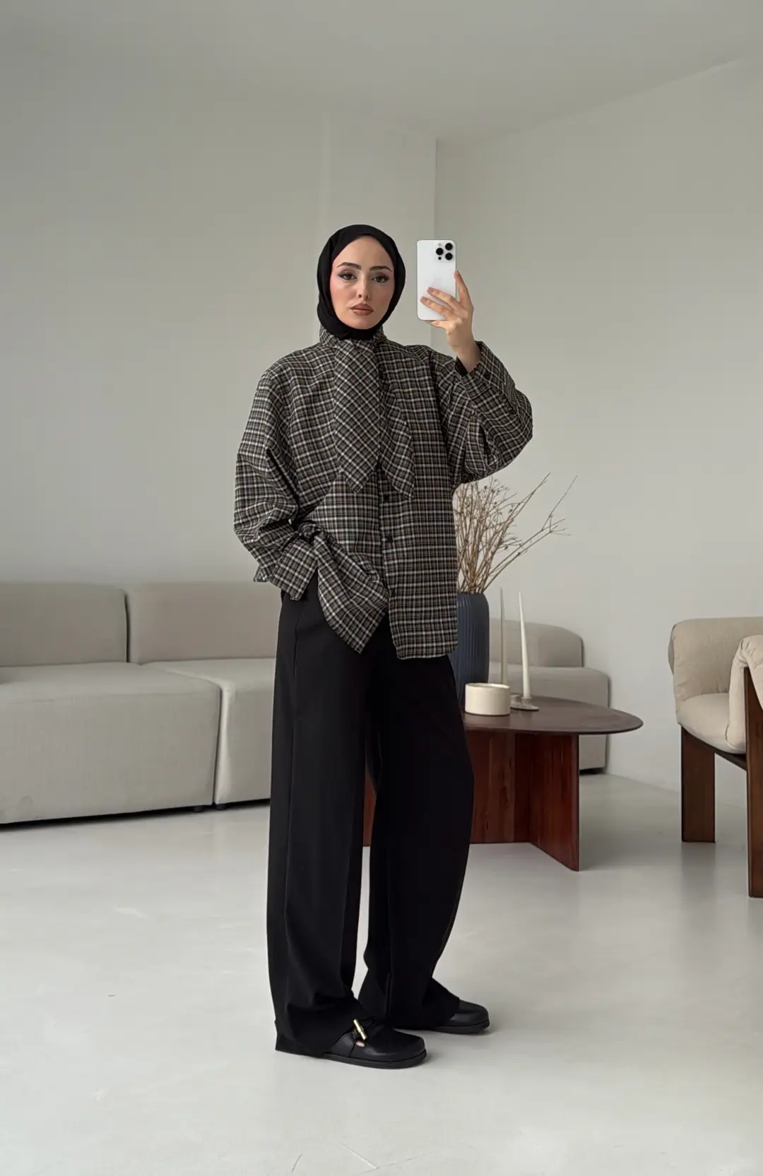 Fular Detay Ekose Gömlek Siyah/Vizon - Görsel 5