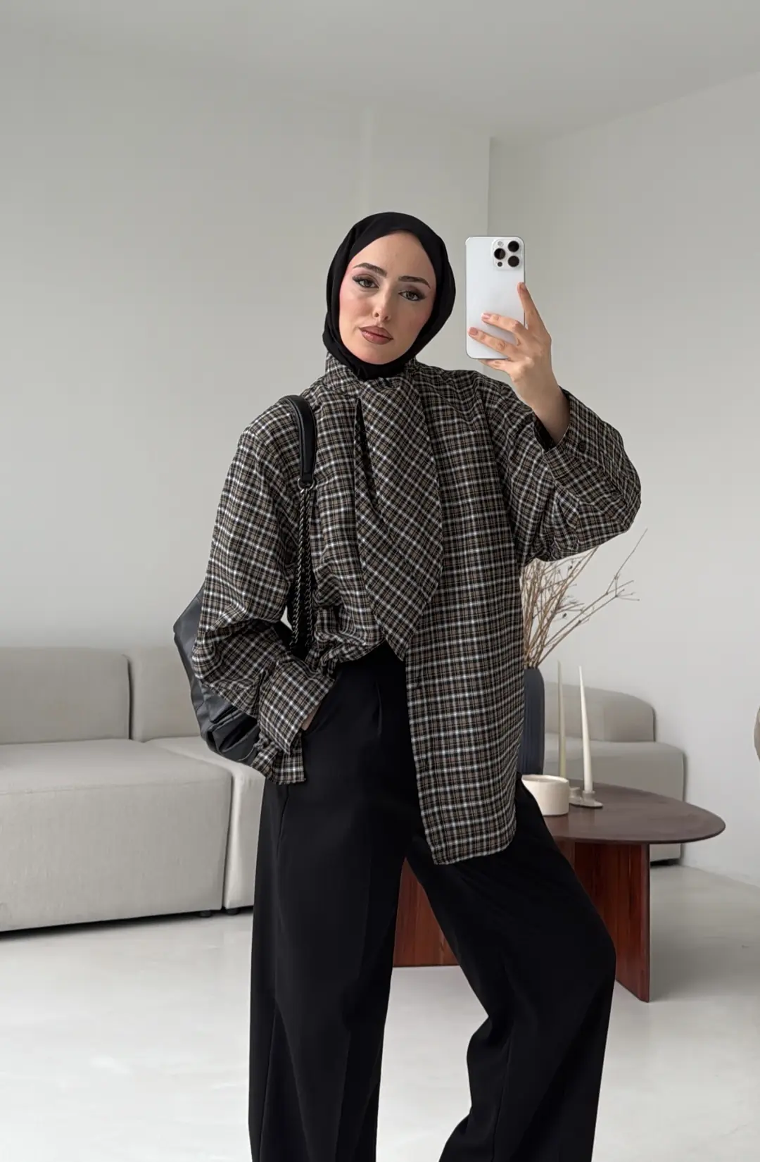 Fular Detay Ekose Gömlek Siyah/Vizon - Görsel 6