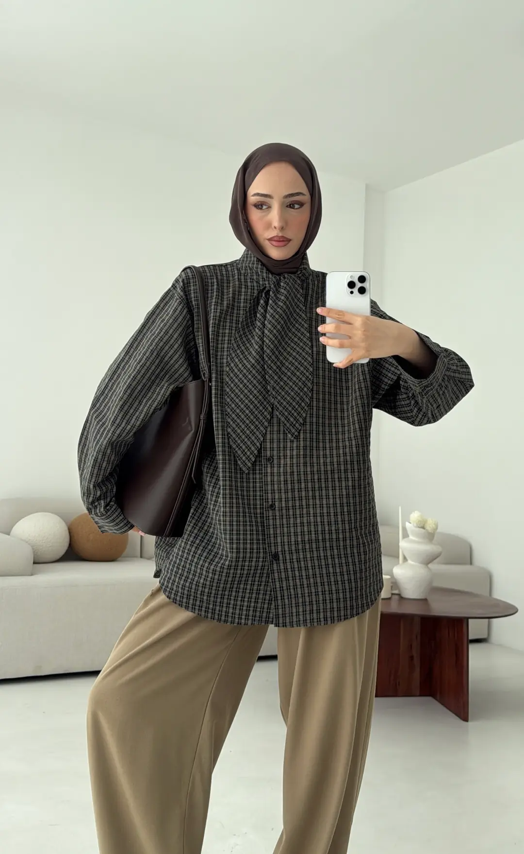 Fular Detay Ekose Gömlek Yeşil