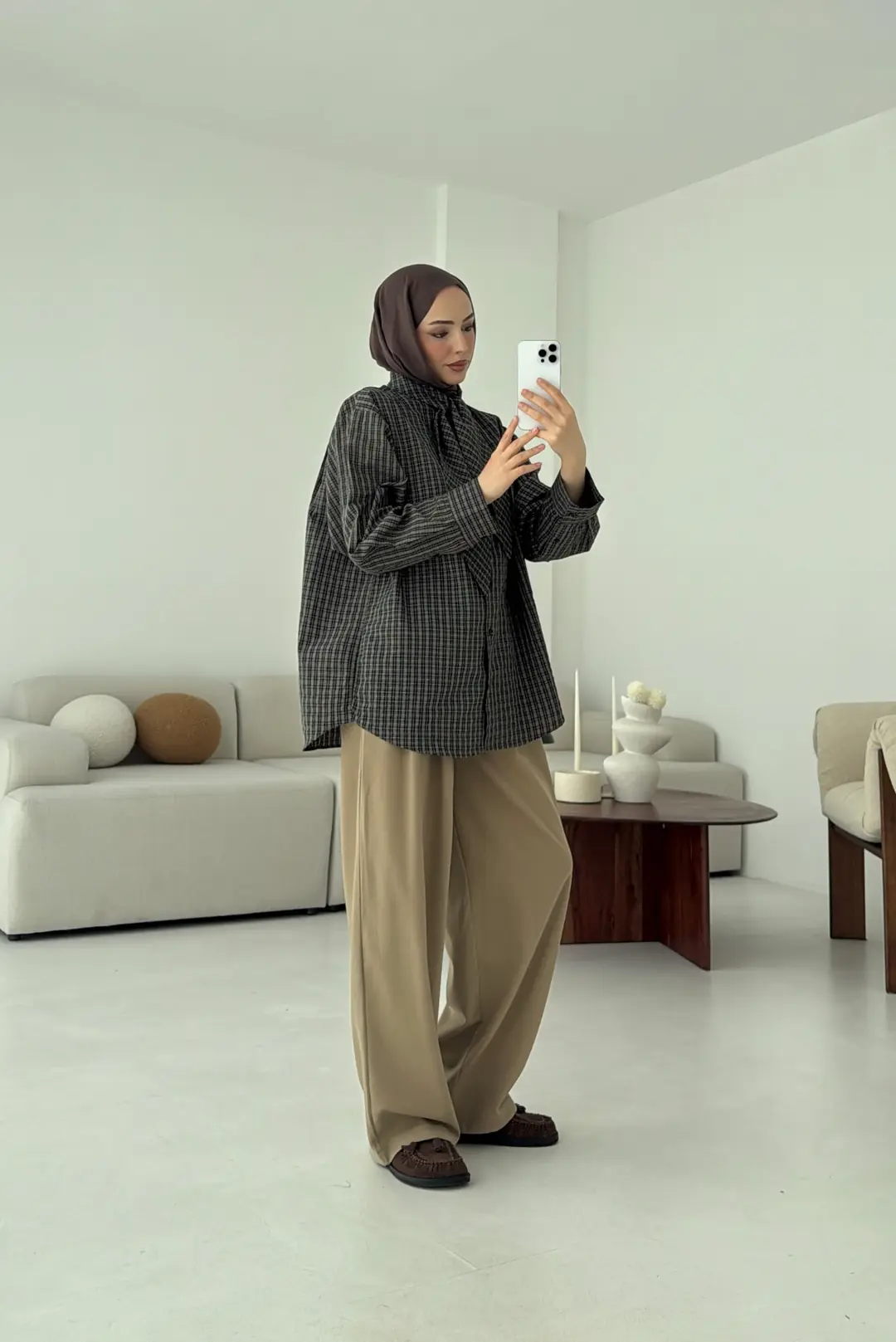 Fular Detay Ekose Gömlek Yeşil - Görsel 2