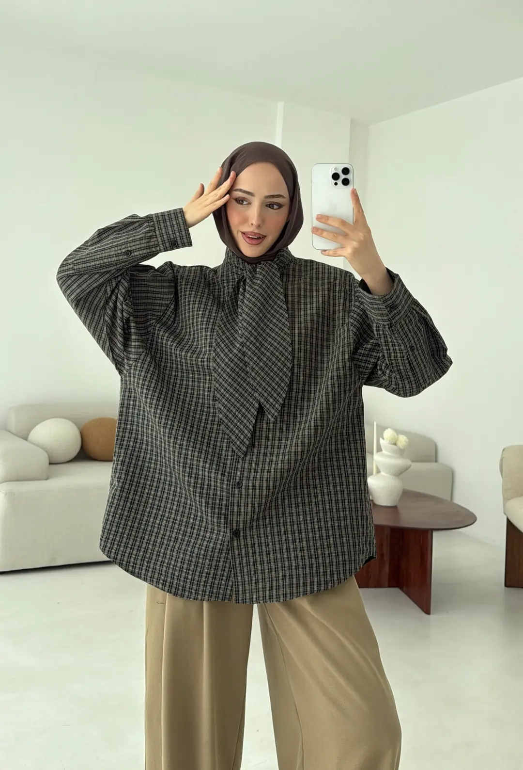 Fular Detay Ekose Gömlek Yeşil - Görsel 5